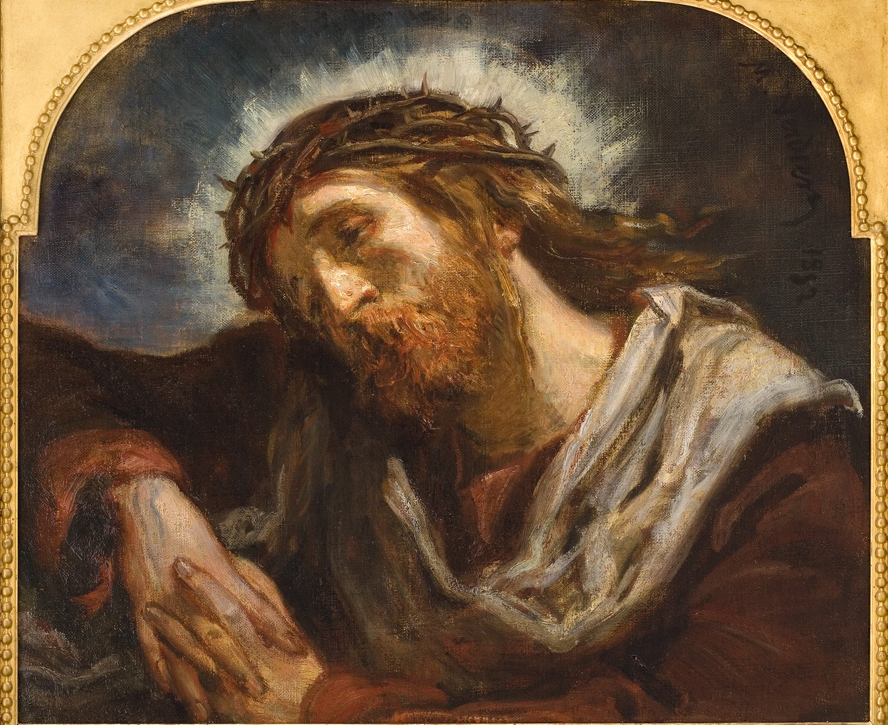 Cette image représente un tableau célèbre de Christ, souvent associé à la période de la Passion. On y voit une figure masculine avec une couronne d'épines, symbolisant la souffrance et le sacrifice. Son visage exprime une profonde mélancolie et sérénité, les yeux fermés, et il semble perdu dans la réflexion ou la douleur. Le fond est sombre, avec des accents lumineux qui mettent en valeur son visage et sa posture. La palette de couleurs est riche, avec des teintes de brun et d'or. Cette œuvre évoque des thèmes de compassion et de rédemption.