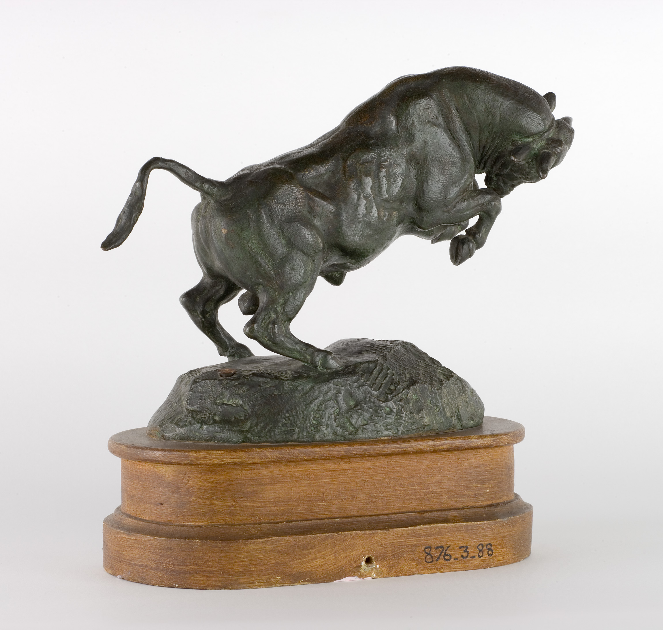 L'image représente une sculpture en bronze d'un taureau se cabrant. Le taureau est positionné sur ses pattes arrière, affichant une posture dynamique et puissante. La base de la sculpture est en bois, ce qui lui donne un aspect élégant et classique. La texture du bronze ajoute une dimension réaliste à l'œuvre, mettant en valeur les détails musculaires de l'animal.