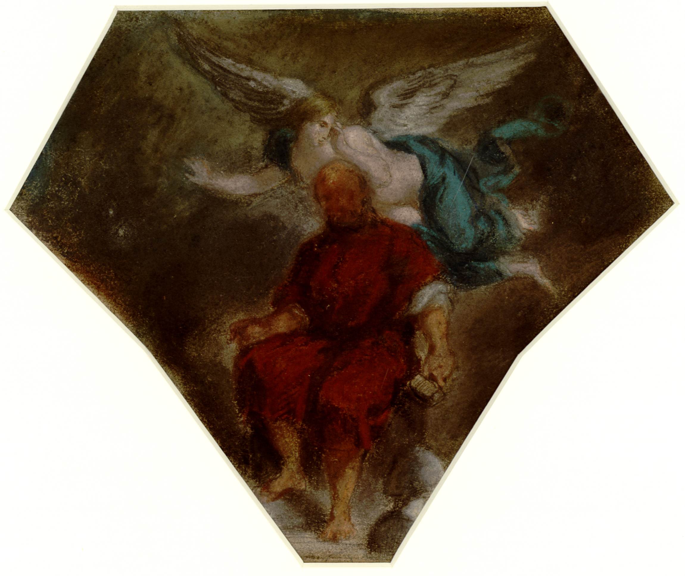 L'image représente une scène religieuse avec un personnage principal assis, probablement une figure spirituelle ou divine, vêtu d'une robe rouge. Un ange, drapé dans des tissus bleus, semble le surplomber, ajoutant une dimension céleste à la composition. L'utilisation de couleurs sombres et de traits flous suggère une atmosphère sombre et mystique, tandis que le contraste entre l'ange et le personnage renforce l'idée d'une communication entre le ciel et la terre. Le cadre hexagonal met en évidence l'œuvre et lui donne une allure unique.