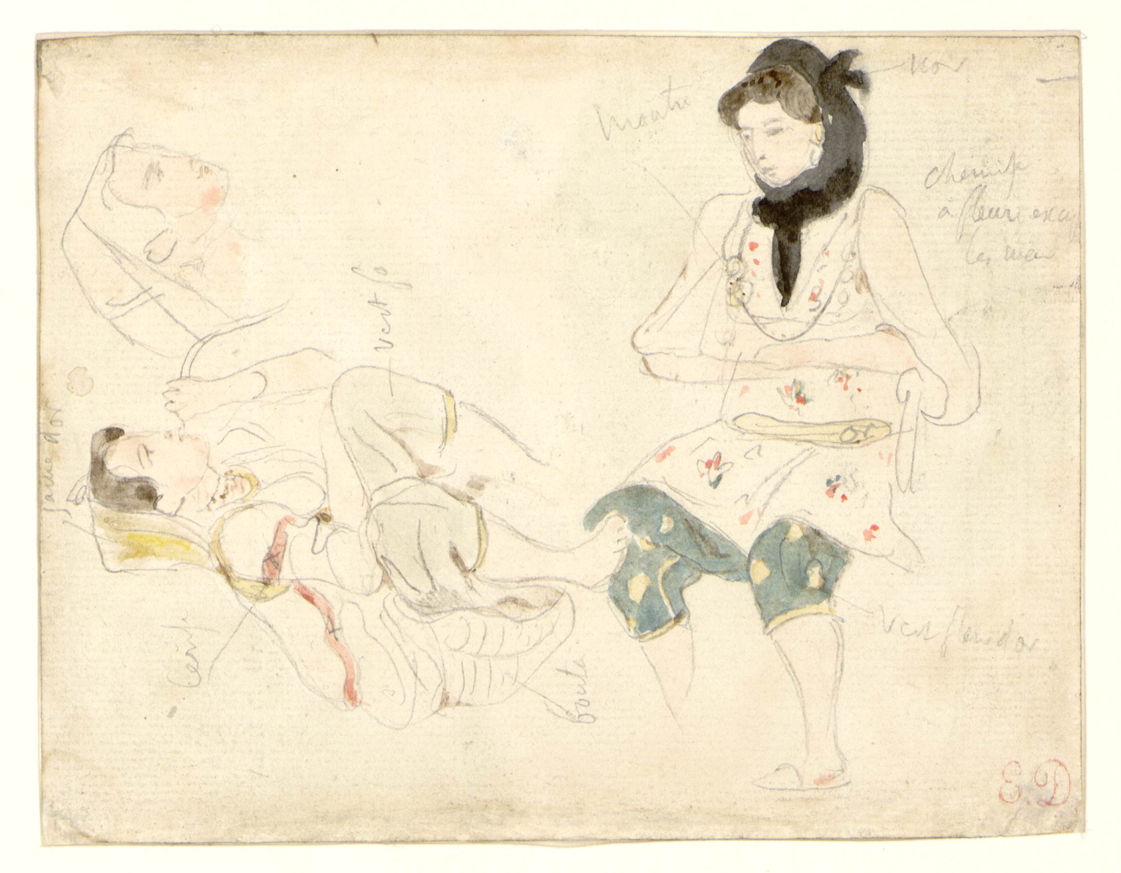 L'image montre plusieurs esquisses de figures humaines, avec des traits esquissés à la main. On peut y voir des vêtements traditionnels ou folkloriques, avec des motifs floraux. Les personnages sont représentés dans différentes poses, certains assis et d'autres allongés. Des annotations et des lignes directrices entourent les figures, suggérant une étude anatomique ou une recherche pour un travail artistique. L'ensemble dégage une atmosphère douce et délicate, typique d'un travail préparatoire.