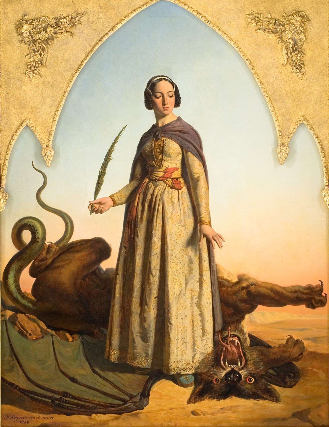 L'image représente une femme portant une robe ornée, debout sur un sol désolé. Elle tient une plume dans une main et semble confiante, tandis qu'un serpent se trouve à ses pieds. À ses côtés, un grand animal, probablement un monstre ou une créature mythologique, est allongé sur le sol, avec sa tête tournée vers le bas. L'arrière-plan est lumineux et dégage une atmosphère surnaturelle. La scène est encadrée par une architecture dorée qui ajoute une dimension majestueuse à l'ensemble.