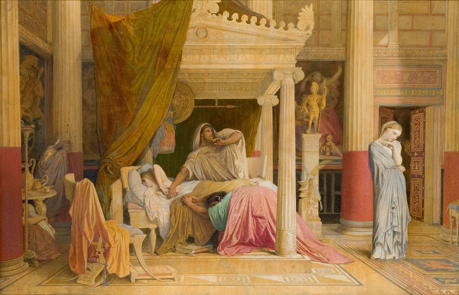 L'image représente une scène d'intérieur d'un palais, probablement inspirée de l'Antiquité. Au centre, une figure majestueuse, habillée de drapés riches, repose sur un lit orné, entourée de somptueux tissus aux couleurs vives. Des personnages se trouvent dans l'arrière-plan, certains interagissant et d'autres observant. Les colonnes et les détails architecturaux suggèrent un lieu à la fois luxueux et historique. La lumière éclaire subtilement la scène, créant une atmosphère à la fois intime et dramatique.