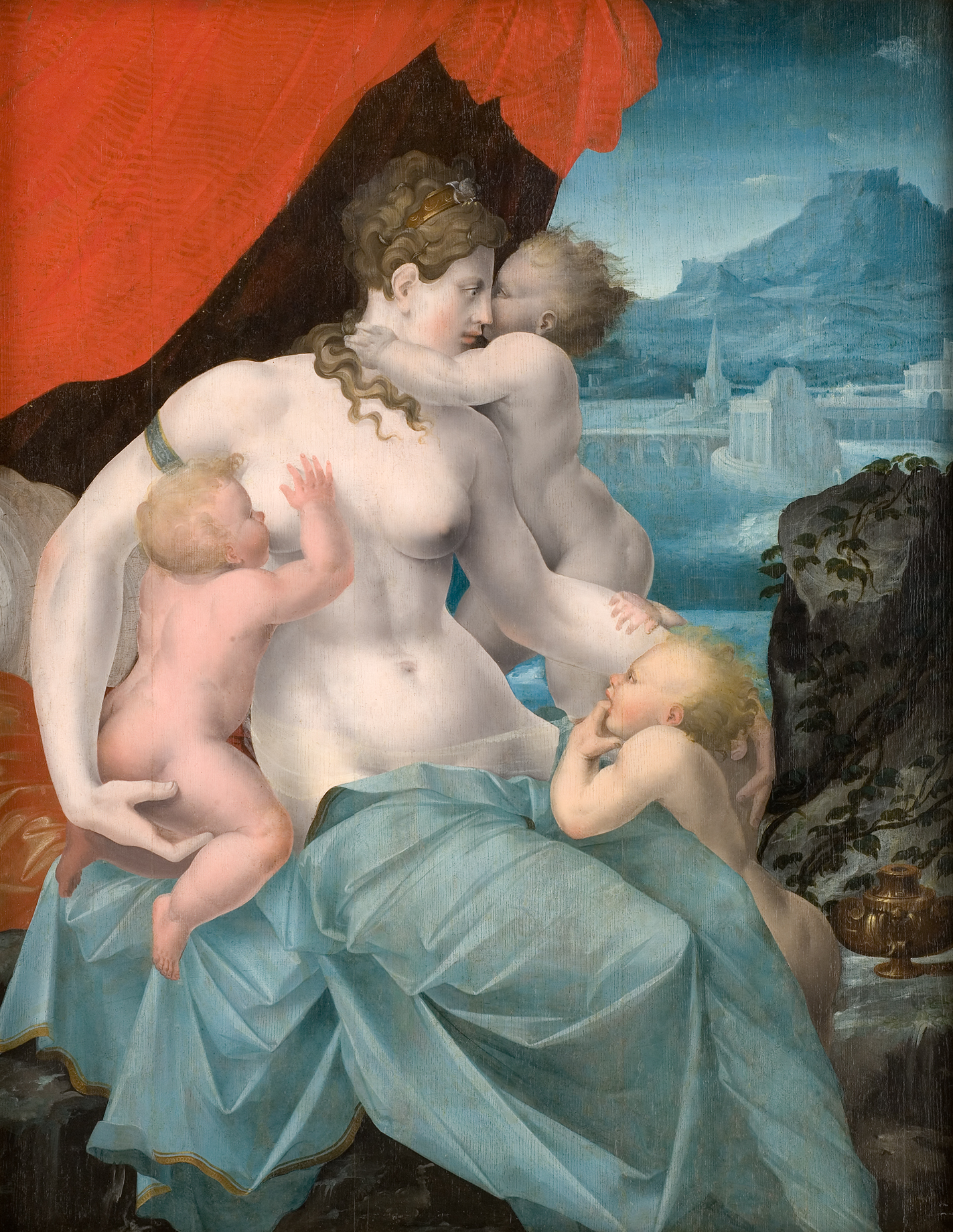 L'image représente une scène classique où une figure féminine, souvent interprétée comme une déesse ou une mère, est entourée de plusieurs enfants. Elle est partiellement drapée dans un tissu bleu, mettant en avant sa silhouette. Les enfants semblent interagir avec elle, certains la touchant, tandis qu'un paysage en arrière-plan ajoute de la profondeur à la composition. Le ciel est d'un bleu apaisant, et des montagnes ou des structures architecturales sont visibles au loin, créant un effet harmonieux et lyrique. Le tout évoque des thèmes de maternité et de tendresse.