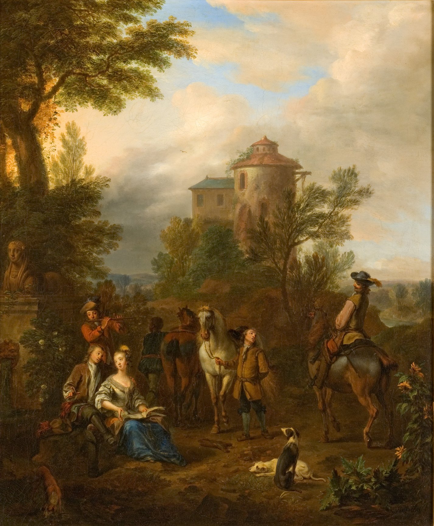 L'image représente une scène bucolique et paisible. On y voit un groupe de personnes, dont une femme assise sur un banc, probablement en train de converser avec des hommes. À l'arrière-plan, on aperçoit une maison ou un château, entouré d'arbres et de verdure. Deux chevaux sont visibles, avec des cavaliers qui semblent discuter. Un chien est également présent, ajoutant une touche de vie à la scène. L'atmosphère est sereine, mise en valeur par la lumière douce et les couleurs chaudes du paysage.