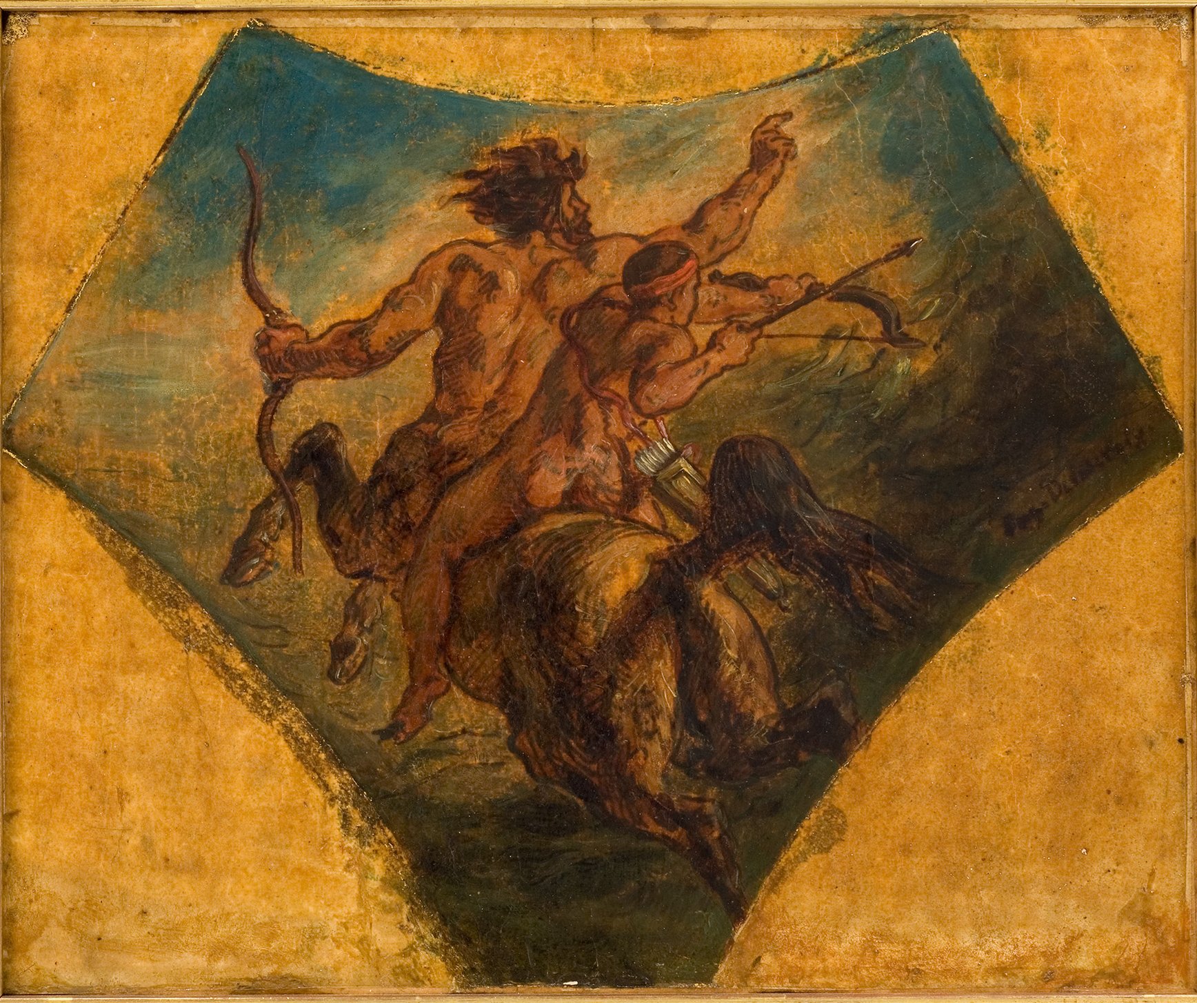 L'image représente deux personnages montés sur un cheval, en pleine action. Les deux hommes semblent être des chasseurs, l'un d'eux tenant un arc et flèche, tandis que l'autre semble désigner une direction avec un geste. Le fond est dynamique, suggérant mouvement et tension. Les couleurs utilisées sont chaudes et riches, ce qui donne une atmosphère énergique à la scène.