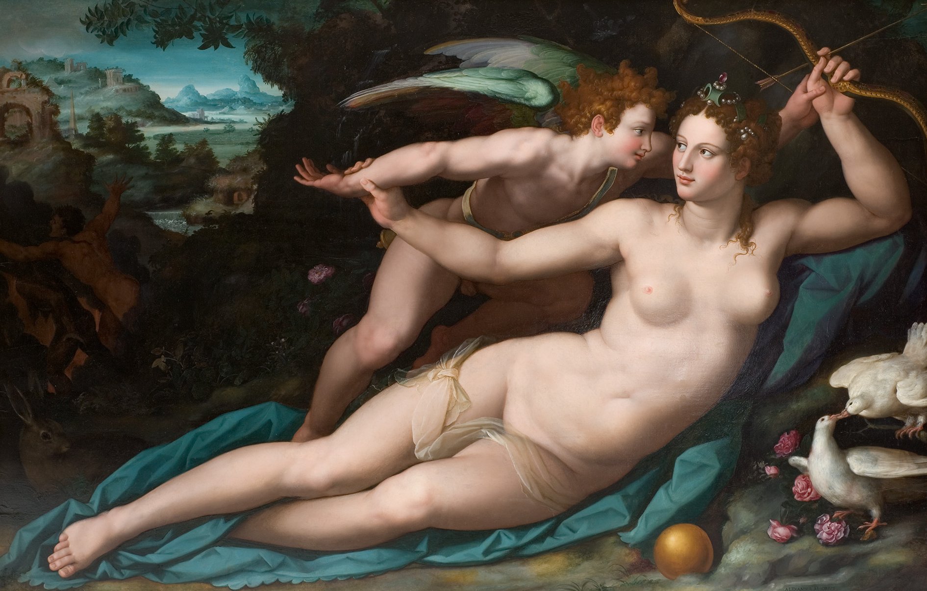L'image représente une scène mythologique avec une figure féminine allongée sur un drap de couleur turquoise. Elle est dépeinte nue, arborant une couronne de feuilles, symbole de fertilité ou de victoire. À ses côtés se trouve un jeune Cupidon, ailé, qui semble lui murmurer quelque chose dans l'oreille. Le fond présente un paysage naturel avec des collines, des bâtiments en ruines et divers éléments symboliques, tels que des animaux. L'ensemble de la composition évoque un mélange de sensualité et de mythologie classique.