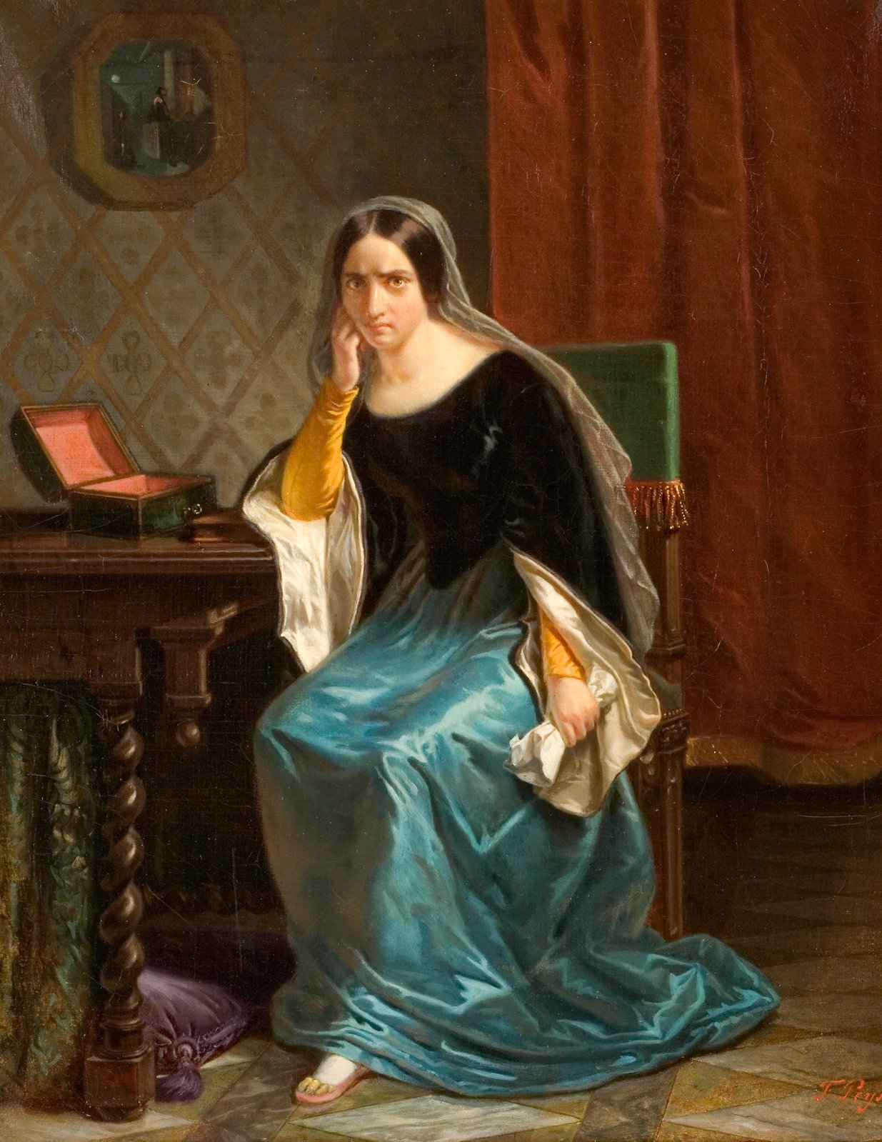 Cette image représente une femme assise dans une pièce intérieure, probablement d'époque. Elle est vêtue d'une robe avec une jupe bleu foncé et un haut noir, mettant en valeur ses bras, dont l'un est couvert d'une manche jaune. Son expression est pensive et sérieuse, et elle semble perdue dans ses pensées. En arrière-plan, on peut voir un rideau rouge et un miroir au mur, ainsi qu'une boîte posée sur la table à côté d'elle. L'ambiance générale dégage une certaine mélancolie et réflexion.
