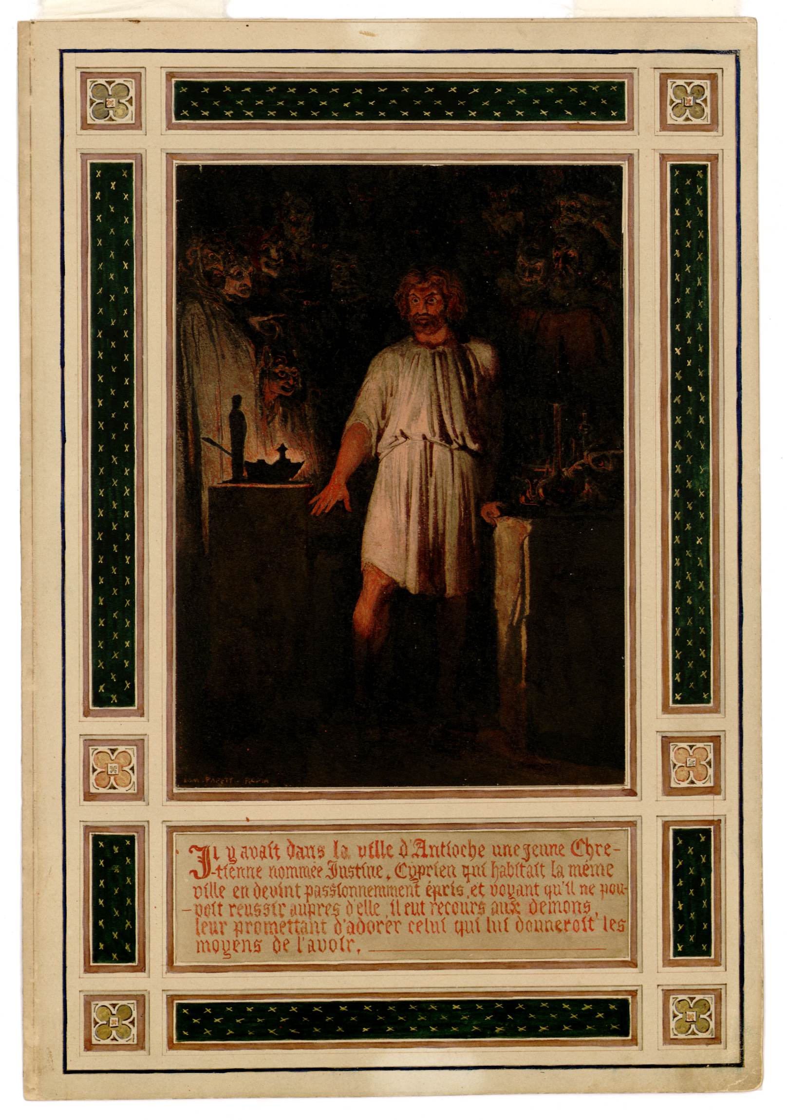 L'image semble représenter une scène dramatique, probablement d'origine historique ou religieuse. Au centre, un personnage masculin est montré dans une posture expressive, tandis qu'il est entouré d'un environnement sombre avec une lumière tamisée qui met en valeur sa figure. Le texte en bas de l'image évoque une histoire ou un récit lié à la ville d'Antioche, suggérant un contexte narratif important. La bordure ornée ajoute une touche artistique à l'ensemble.