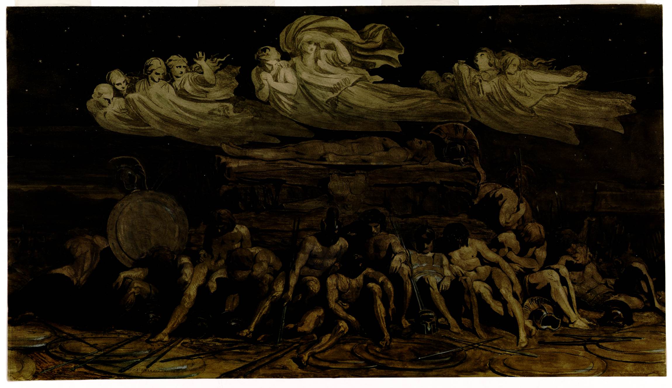 L'image représente une scène dramatique et sombre, probablement inspirée par des thèmes mythologiques ou religieux. On y voit des figures humaines dénudées, regroupées en bas, qui semblent être dans une posture de désespoir ou de combat. Au-dessus d'eux, des esprits ou des figures surnaturelles flottent dans un ciel étoilé, avec des expressions variées sur leurs visages. L'ensemble dégage une atmosphère de tension et d'émotion intense, soulignant un contraste entre les personnages en bas et les entités célestes au-dessus. Les couleurs sont sombres, ce qui ajoute à l'intensité de la composition.