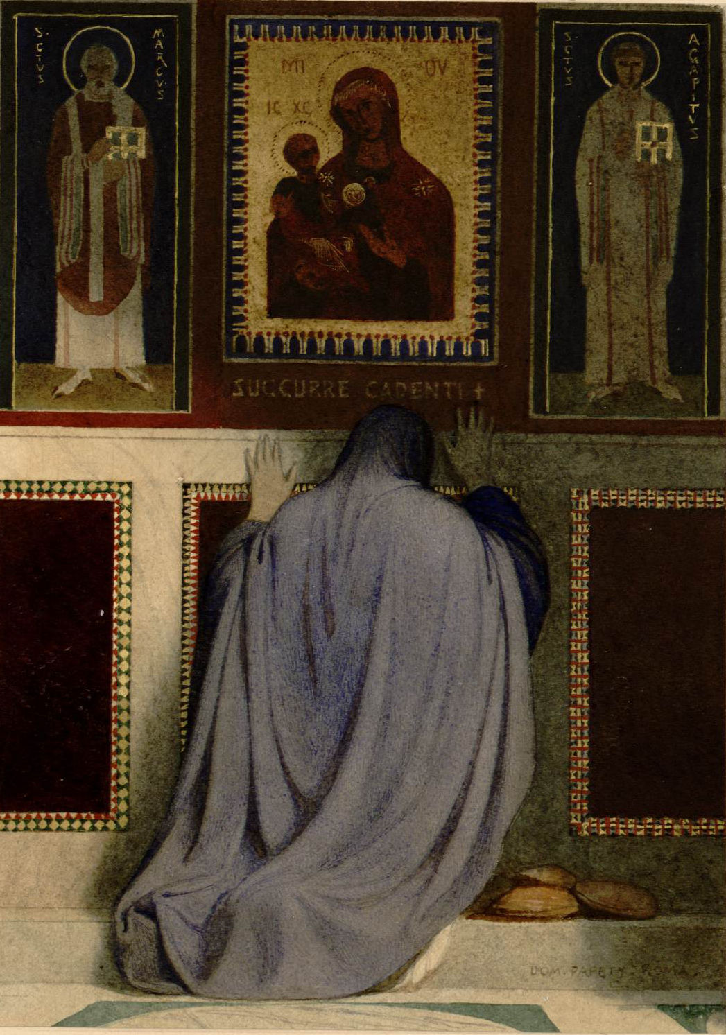 L'image représente une scène religieuse où une figure, probablement une personne en prière, est agenouillée devant un mur décoré de deux icônes. La première icône montre la Vierge Marie avec l'Enfant Jésus, tandis que l'autre présente des saints. La personne porte un manteau ou une cape, et on peut voir ses mains levées en signe de supplication. L'atmosphère est empreinte de dévotion et de recueillement, avec des détails artistiques qui accentuent la spiritualité de la scène.