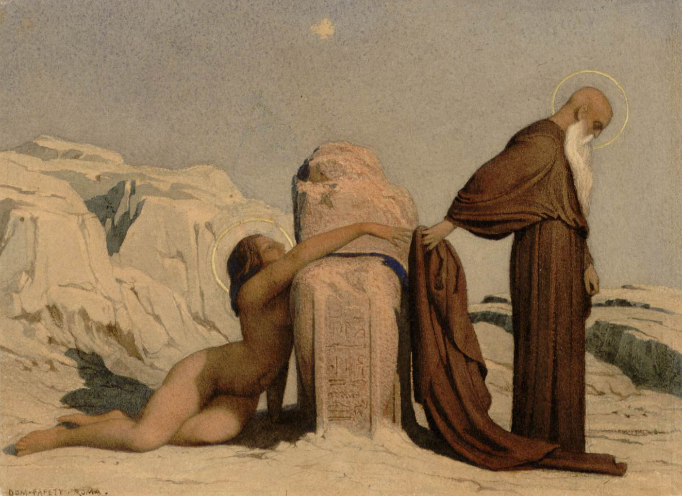 L'image représente une scène symbolique et contemplative. On y voit une figure féminine, légèrement vêtue, qui se penche vers une pierre gravée avec une main tendue, tandis qu'une figure masculine, vêtu d'une robe simple et d'une longue barbe, se tient de dos. L'environnement semble désertique, avec des rochers et un ciel étoilé en arrière-plan. Les deux figures portent des auréoles, suggérant une dimension spirituelle et mystique. L'interaction entre les deux personnages évoque des thèmes de désir, de spiritualité et d'échange.