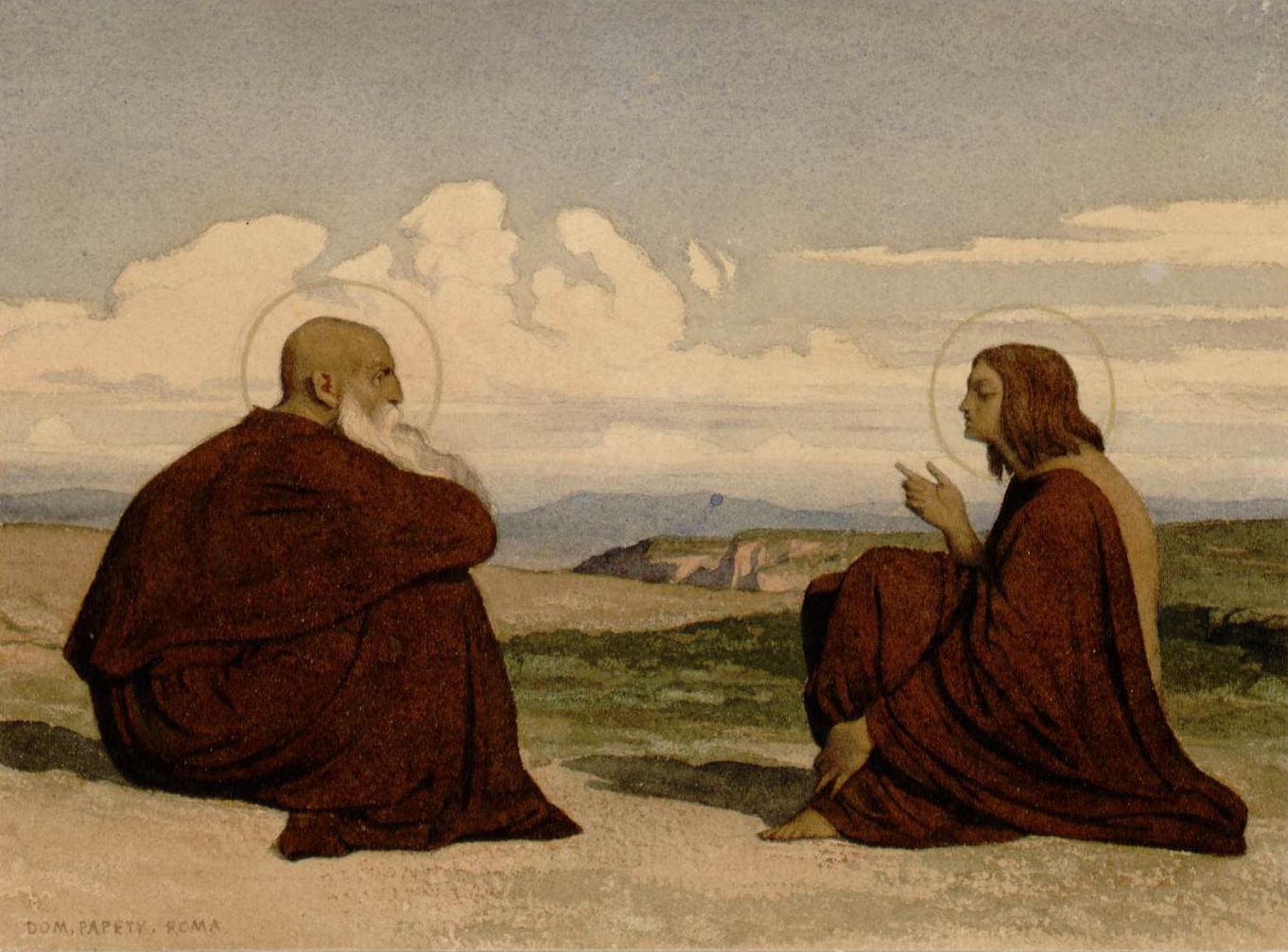 L'image représente deux figures assises face à face, contemplant un paysage paisible sous un ciel nuageux. L'un des personnages, avec une longue barbe blanche, semble perdu dans ses pensées tandis que l'autre, plus jeune, écoute attentivement. Les deux portent des robes simples et ont des auréoles au-dessus de leurs têtes, suggérant une certaine sainteté ou importance spirituelle. Le décor est naturel, avec des collines au loin, créant une atmosphère calme et méditative.