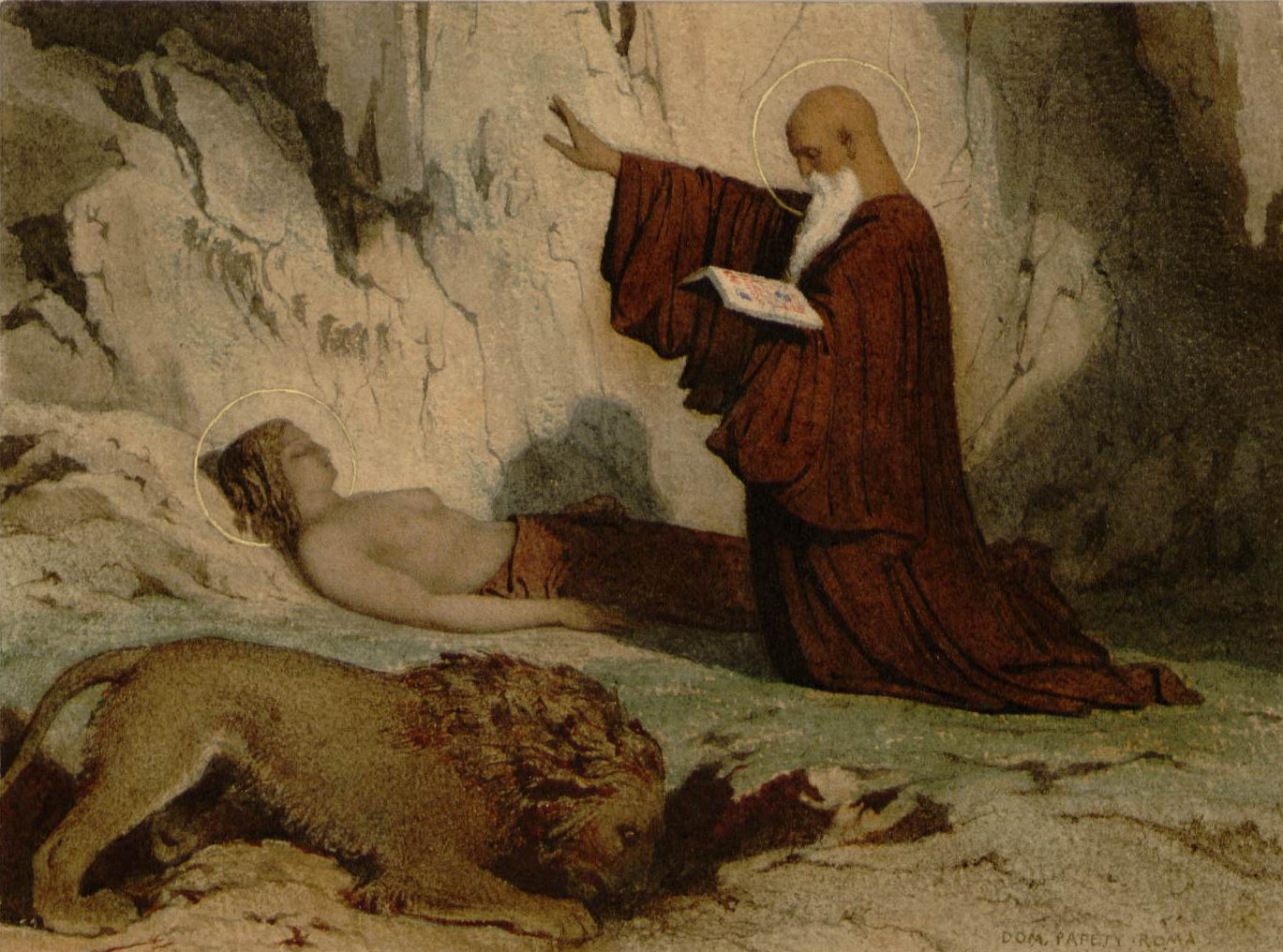 L'image représente une scène religieuse avec un moine âgé, vêtu d'une longue robe, se tenant devant une figure allongée. Le moine semble prier ou faire un geste de bénédiction, tenant un livre ouvert dans sa main. À côté d'eux, il y a un lion qui repose sur le sol. La figure allongée, probablement une femme, est entourée d'une aura qui émet une lumière douce. L'environnement dégage une atmosphère de sérénité et de mystère, avec des motifs de roches et une lumière tamisée.