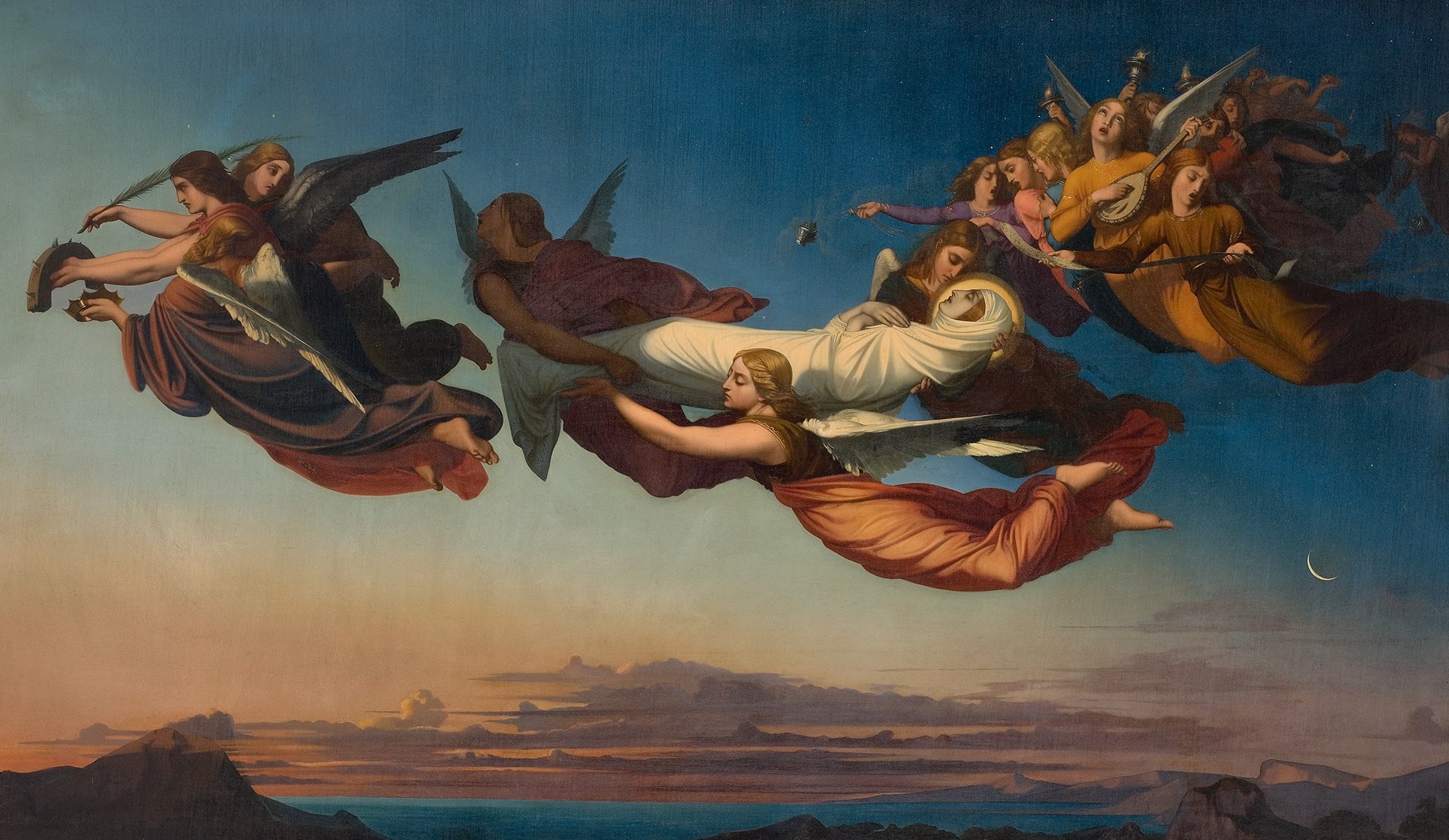 L'image représente une scène céleste avec des figures angéliques. Plusieurs anges, aux robes flottantes et aux ailes déployées, semblent se déplacer dans le ciel, portant une figure centrale qui pourrait symboliser une forme de divinité ou d'esprit. L'arrière-plan montre un ciel dégradé, passant des couleurs chaudes à des tons plus sombres, tandis qu'à l'horizon, le paysage marin se profile. L'ensemble de la composition évoque un sentiment d'élévation et de spiritualité.