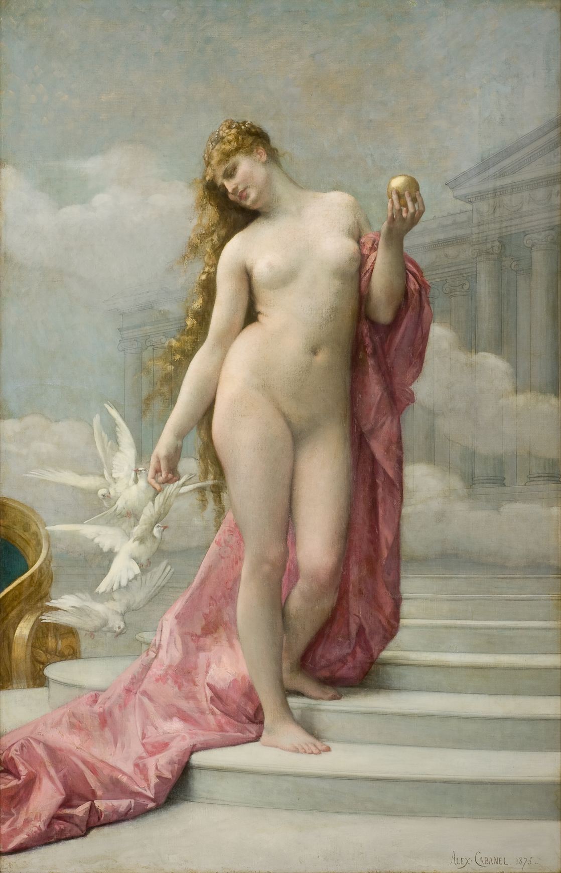 L'image représente une femme nue, debout sur des marches, drapée dans un tissu rose. Elle a de longs cheveux ondulés et tient une pomme dans une main. Dans l'autre main, elle tient une colombe. L'arrière-plan comprend des éléments architecturaux et des nuages, créant une atmosphère éthérée et romantique. L'ensemble de la scène dégage une impression de beauté et de sérénité.
