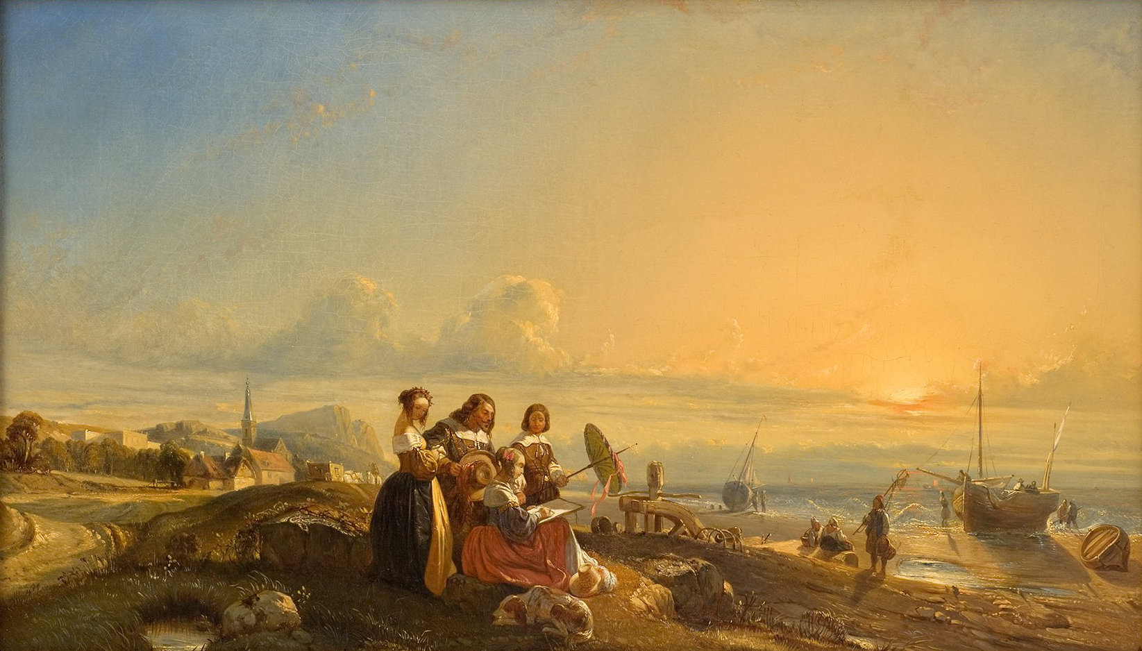 L'image représente une scène paisible au bord de l'eau, probablement à l'aube ou au crépuscule, avec un ciel aux teintes dorées et orangées. Au premier plan, plusieurs femmes en vêtements traditionnels se rassemblent, jouant d'un instrument ou chantant. On aperçoit derrière elles des paysages avec des maisons, des arbres et des bateaux amarrés dans l'eau. L'atmosphère est calme et évoque une vie simple et harmonieuse, reflétant un moment de détente au sein d'une communauté.