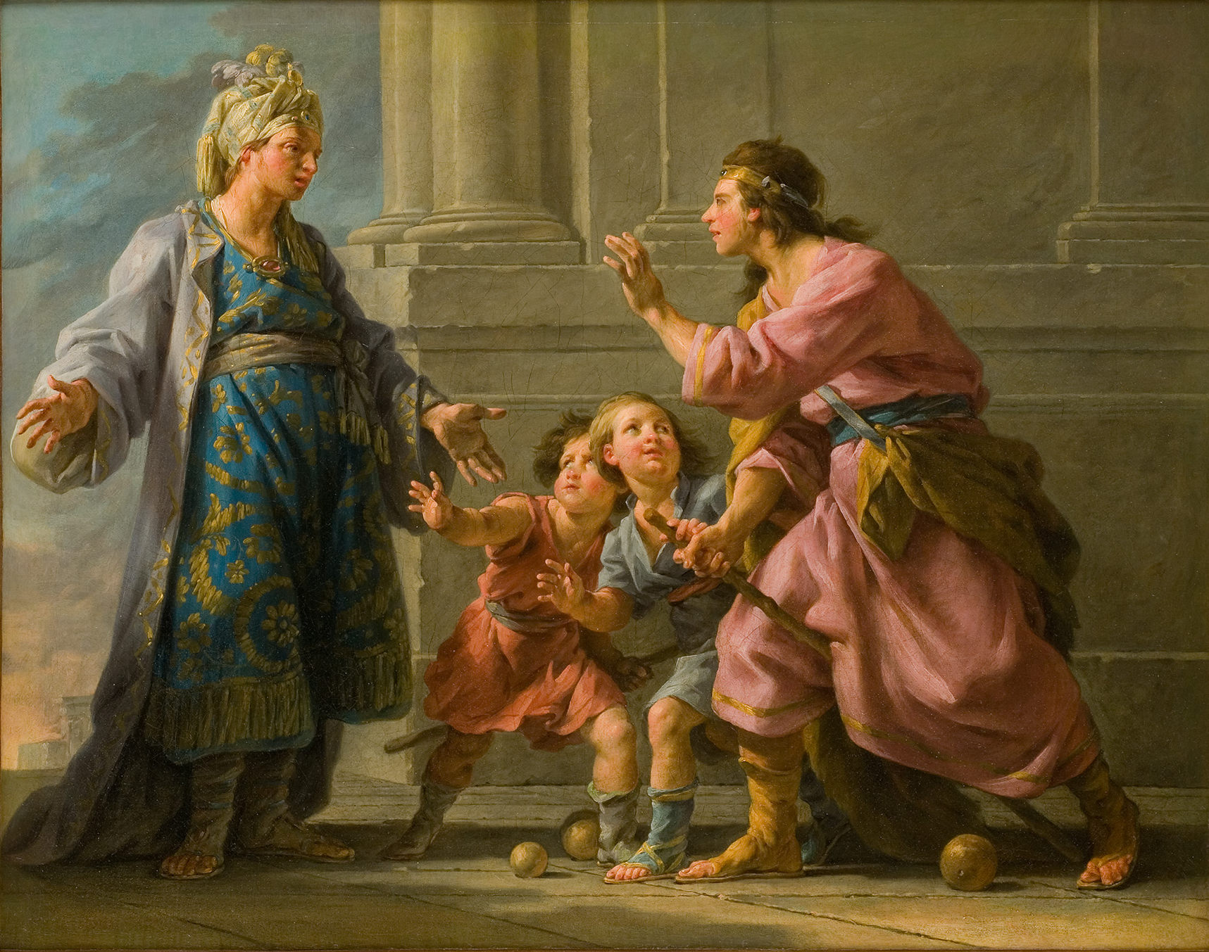 L'image représente une scène historique ou mythologique, mettant en avant une figure féminine majestueuse vêtue d'une robe ornée, qui semble être en conversation ou en interaction avec deux jeunes garçons et un homme. Les garçons, visiblement jeunes, semblent chercher l'attention de la femme, tandis que l'homme, habillé de manière distinctive, gesticule, peut-être pour exprimer une émotion forte ou une explication. Les personnages se trouvent dans un environnement architectural, avec des colonnes qui ajoutent une impression de grandeur à la scène. Les couleurs sont vives et les expressions des personnages transmettent des émotions diverses.