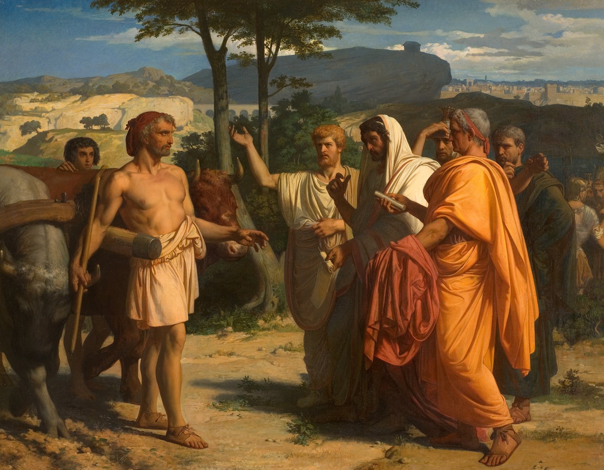 L'image représente une scène de l'Antiquité, probablement inspirée par l'époque romaine. Au premier plan, un homme musclé se tient avec des bœufs, tandis qu'un groupe de personnes l'entoure. Parmi eux, des figures vêtues de toges et de drapés discutent sérieusement, avec une femme au centre qui semble intervenir. En arrière-plan, un paysage pittoresque se dessine, avec des collines et une ville lointaine visible sous un ciel partiellement nuageux. L'œuvre évoque des thèmes de dialogue et de tension sociale.