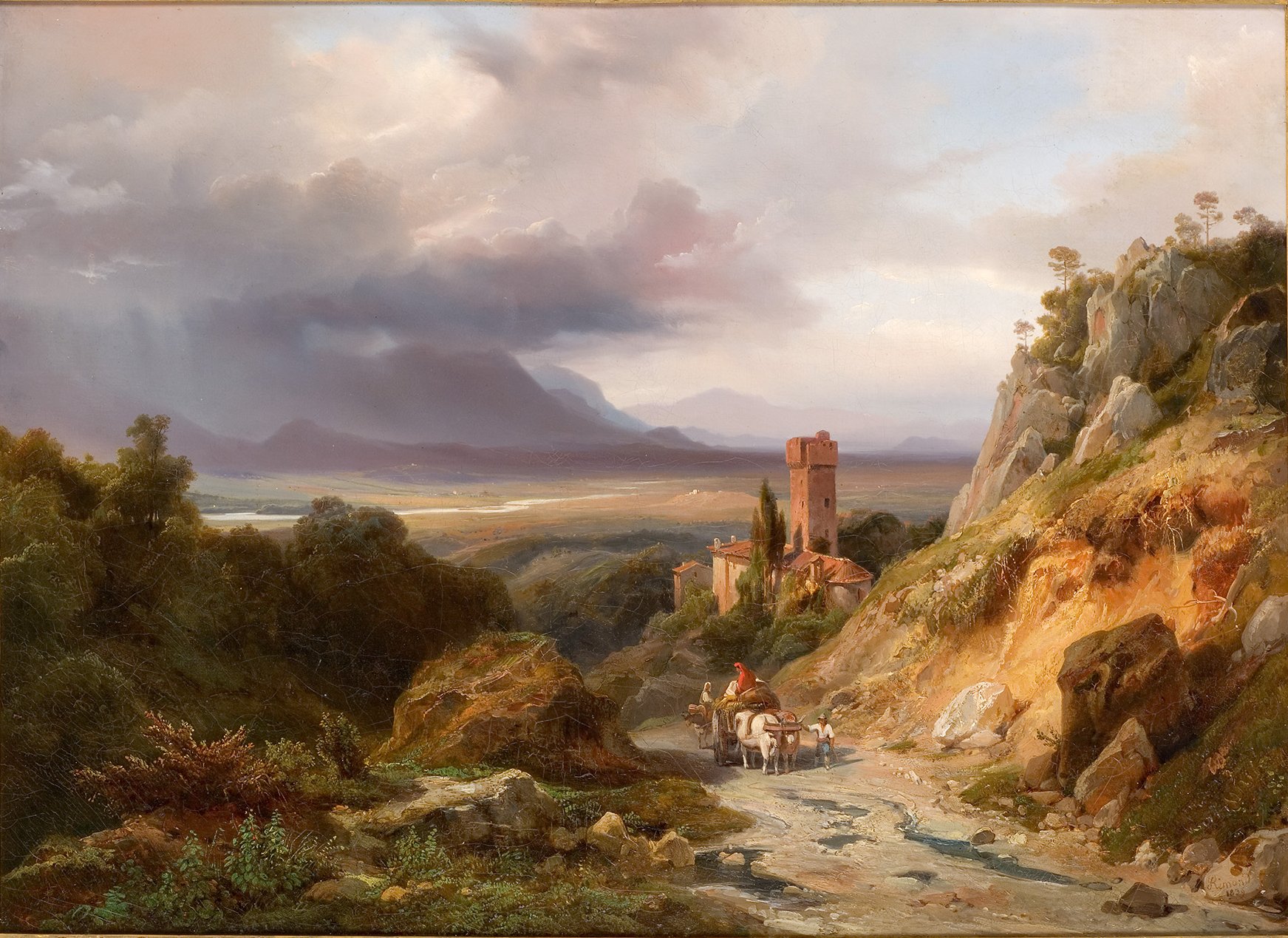 L'image présente un paysage rural d'une beauté sereine. Au premier plan, on aperçoit un petit chemin serpentant à travers des collines verdoyantes et rocheuses. Un homme, habillé de manière traditionnelle, conduit une charrette tirée par des bœufs. À l'arrière-plan, on distingue des montagnes majestueuses sous un ciel nuageux, créant une atmosphère dramatique. Des bâtiments, peut-être des ruines, se trouvent sur le flanc d'une colline, ajoutant une touche d'histoire à la scène. Les couleurs sont douces, avec des nuances de vert et de brun, évoquant un sentiment de tranquillité et de nature sauvage.