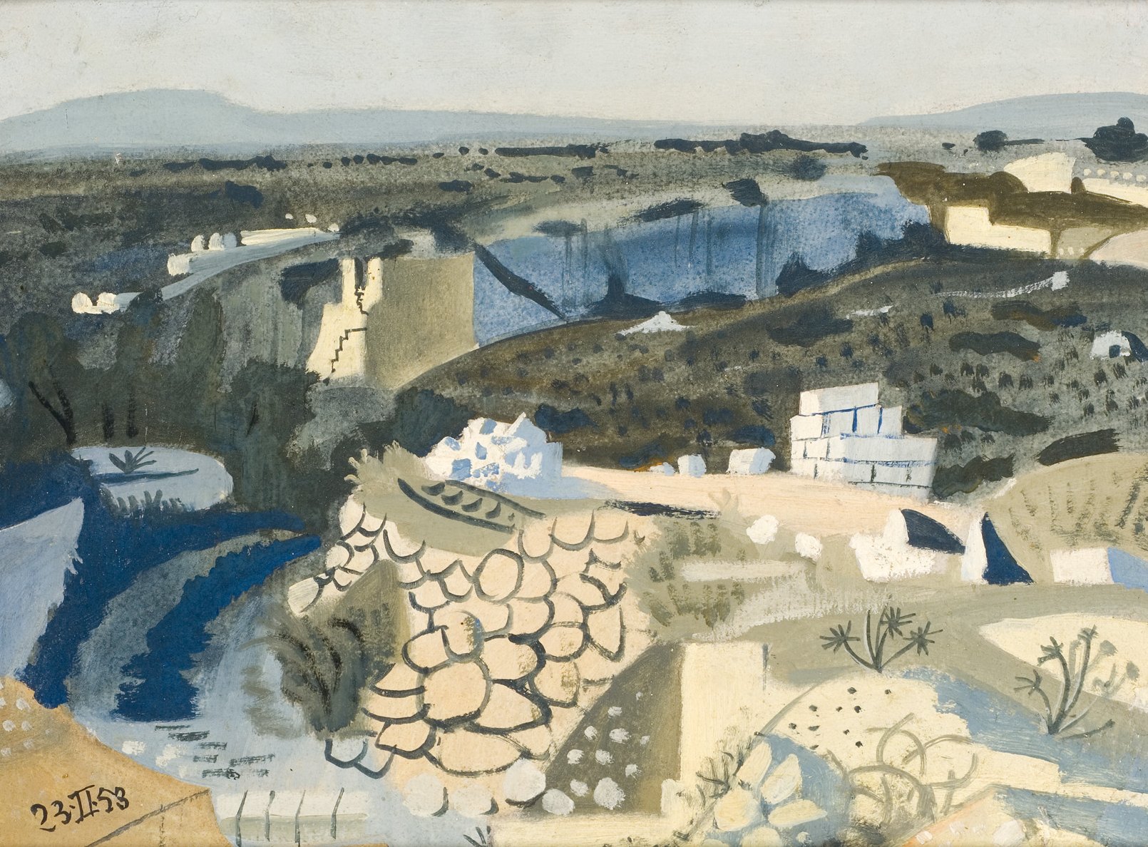 Cette image représente un paysage aux teintes douces et terreuses, où l'on observe des collines et des formations rocheuses. Les structures blanches et les murs de pierre sont visibles, ainsi que des éléments de végétation. Le ciel est légèrement nuageux, tandis que l'ensemble dégage une ambiance calme et apaisante. Les couleurs sont principalement des nuances de bleu, beige et vert, créant un contraste intéressant entre la terre et le ciel.