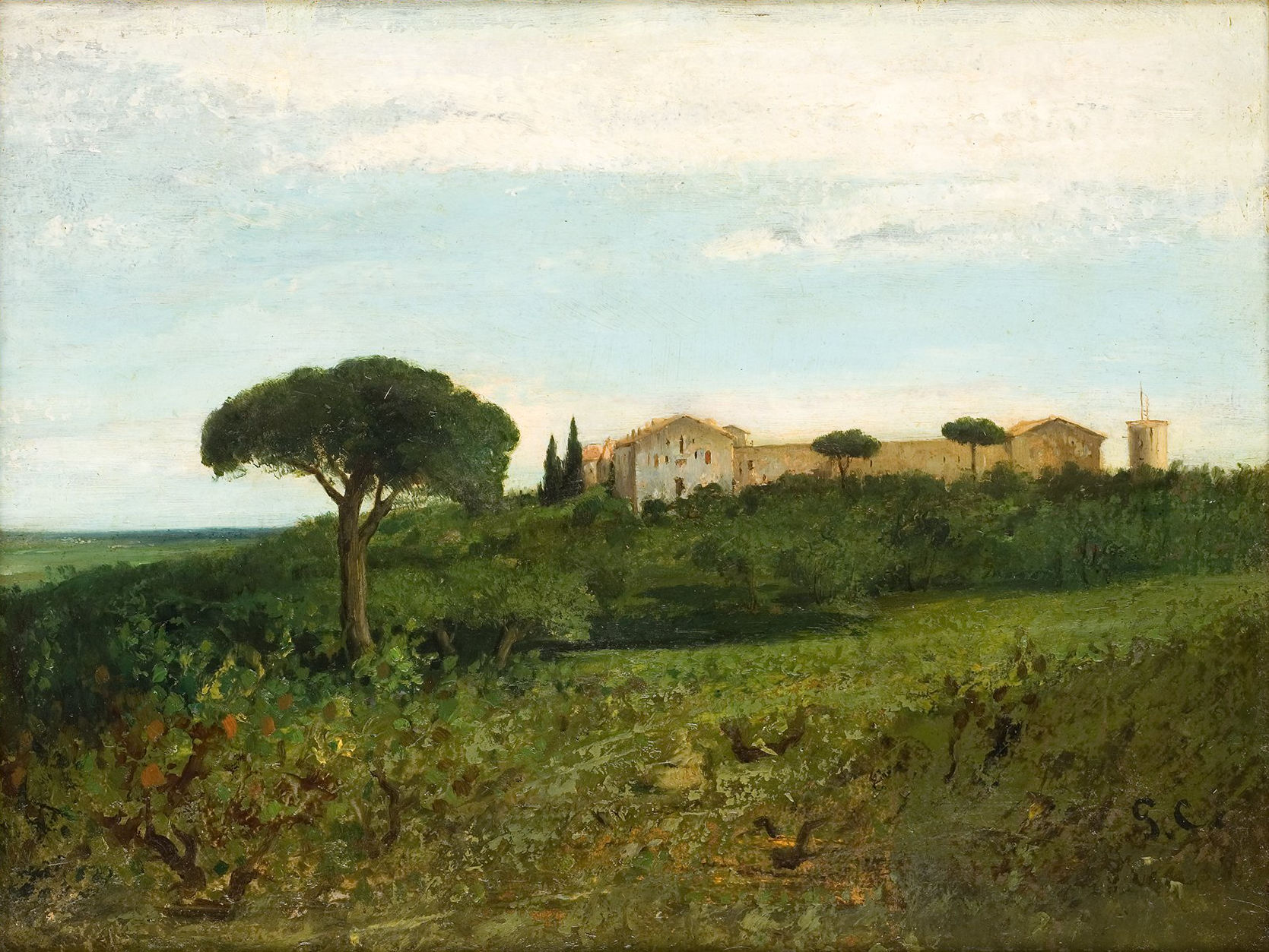 L'image représente un paysage rural. Au premier plan, on voit des vignes luxuriantes qui s'étendent sur une colline. À l'arrière-plan, un bâtiment, probablement une ferme ou un domaine, est visible, entouré d'arbres, notamment un grand pin. Le ciel est clair avec quelques nuages, suggérant une journée ensoleillée. L'ensemble dégage une atmosphère paisible et bucolique, typique des paysages méditerranéens.