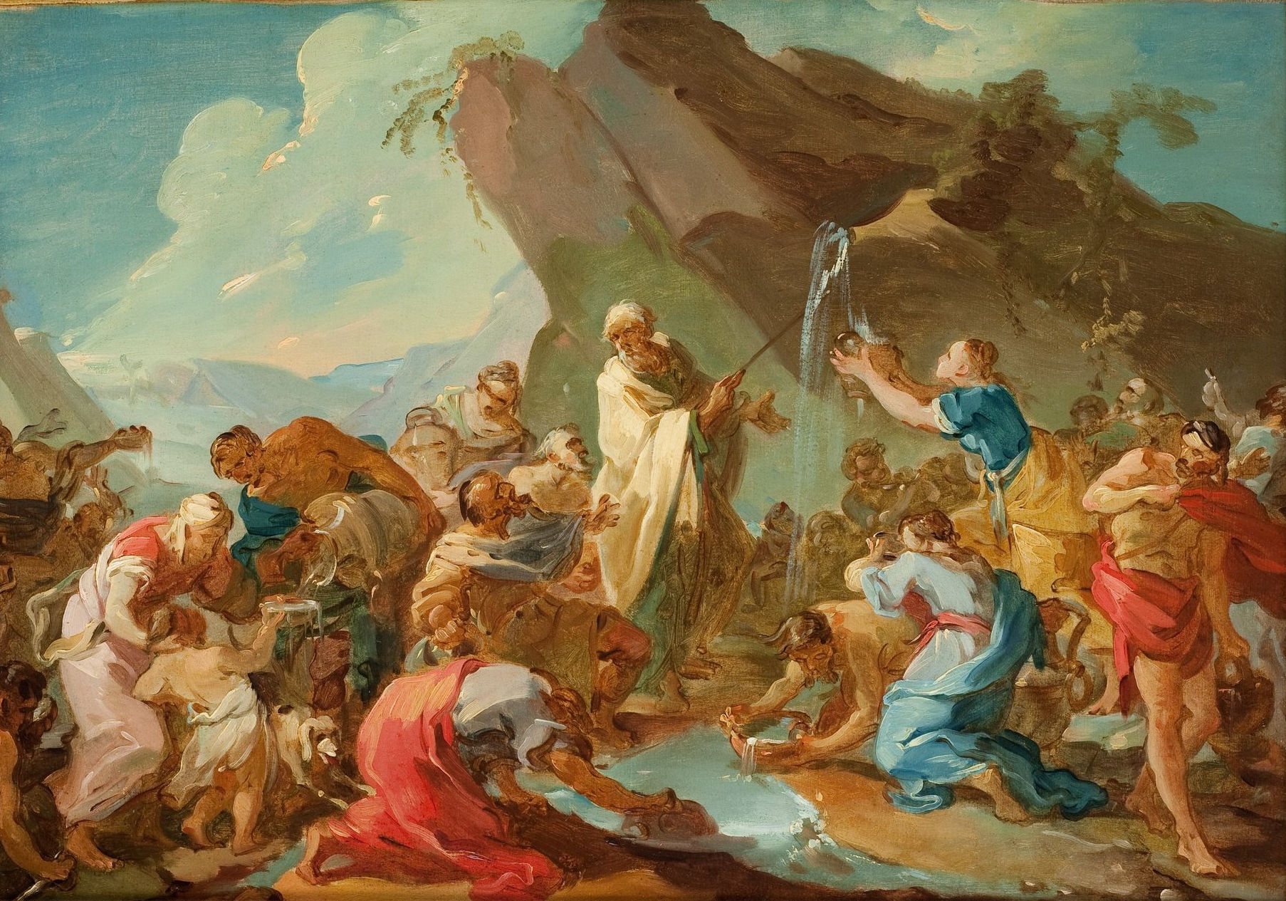 L'image représente une scène biblique vibrante, illustrant probablement un miracle ou un événement marquant. On peut voir plusieurs personnages, certains en position d'adoration ou d'écoute, tandis qu'un homme central, probablement un leader ou un prophète, semble exécuter un geste symbolique, comme faire couler de l'eau. Les couleurs sont lumineuses et les traits sont fluides, créant une atmosphère dynamique et expressive. Le paysage en arrière-plan suggère un environnement naturel, tandis que les personnages sont habillés de manière traditionnelle, ajoutant à l'aspect historique de la scène.