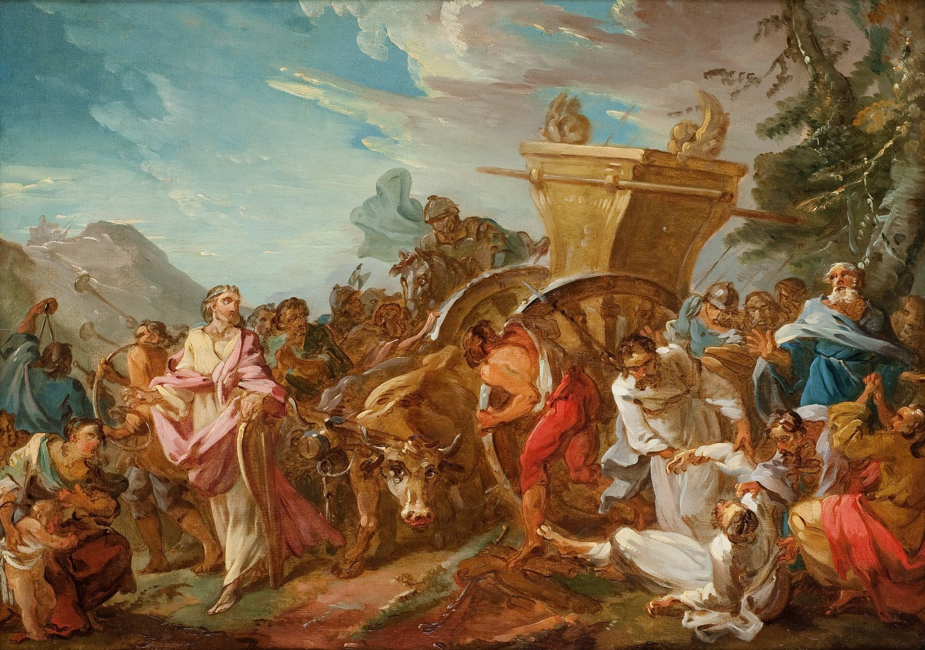 L'image représente une scène dynamique et chargée d'émotion, probablement d'inspiration historique ou mythologique. On y voit des personnages vêtus de costumes variés, engagés dans une action collective autour d'un chariot tiré par des bœufs. Un homme semble diriger l'effort, tandis que d'autres personnes, à la fois sur le terrain et au fond, observent ou participent à la scène. Le ciel est dramatique, avec des nuages tourbillonnants qui ajoutent à l'intensité de l'image. Les couleurs sont vives et contrastées, soulignant le mouvement et l'énergie de la composition. L'ensemble dégage une atmosphère de conflit ou de détermination, typique de certaines représentations artistiques de l'époque baroque.