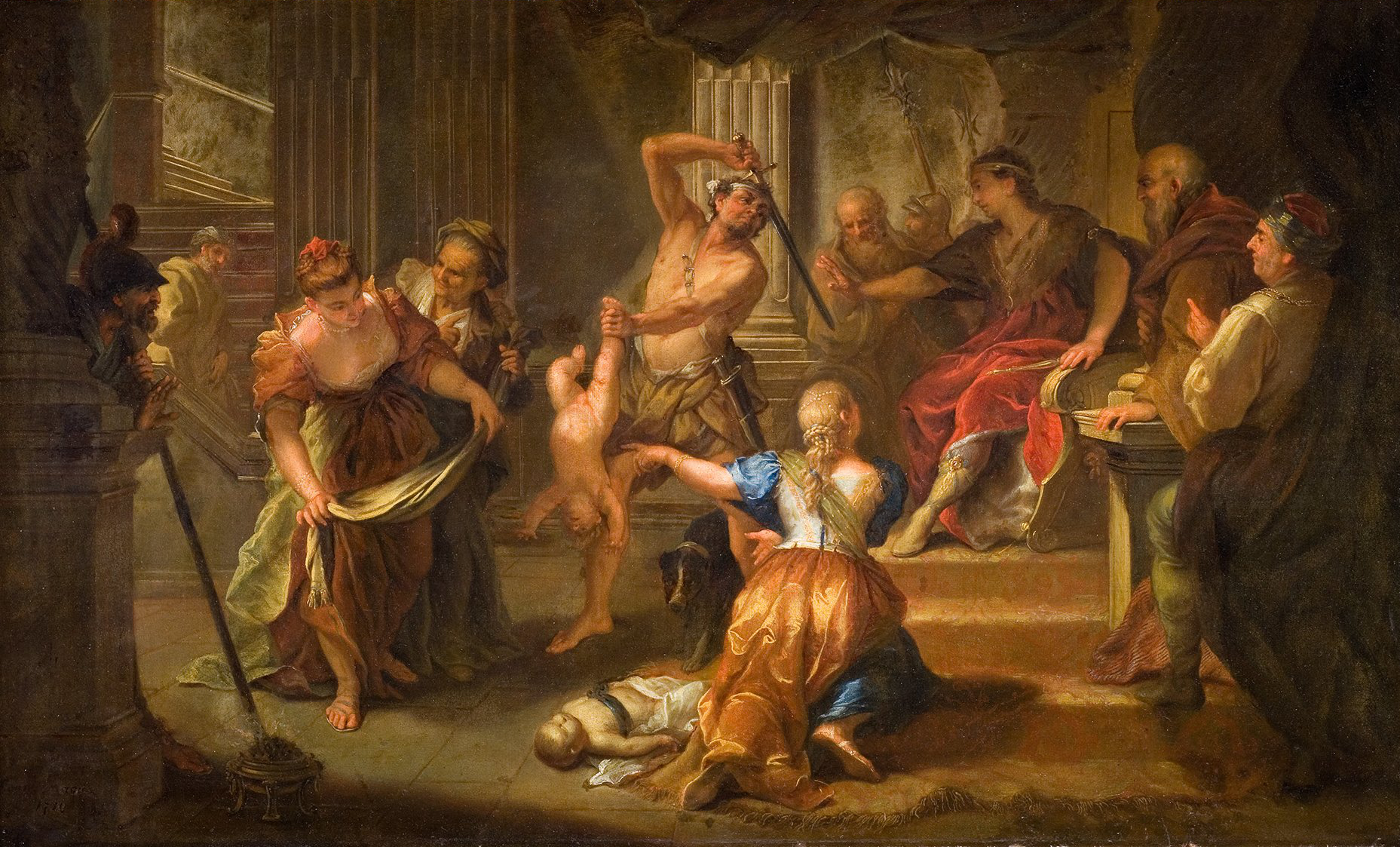 L'image représente une scène dramatique et intense dans un intérieur ancien. Plusieurs figures sont présentes, certaines semblent affligées, tandis que d'autres, armées, sont engagées dans une action violente. On observe des femmes en vêtements colorés qui montrent des expressions de désespoir ou de terreur. Au centre, un homme, peut-être un héros ou un personnage central, est occupé à brandir une arme. L'ambiance générale est sombre, aidée par les ombres et la lumière qui créent un contraste fort, accentuant le drame de la situation représentée. Des colonnes et des éléments architecturaux en arrière-plan suggèrent un décor classique.