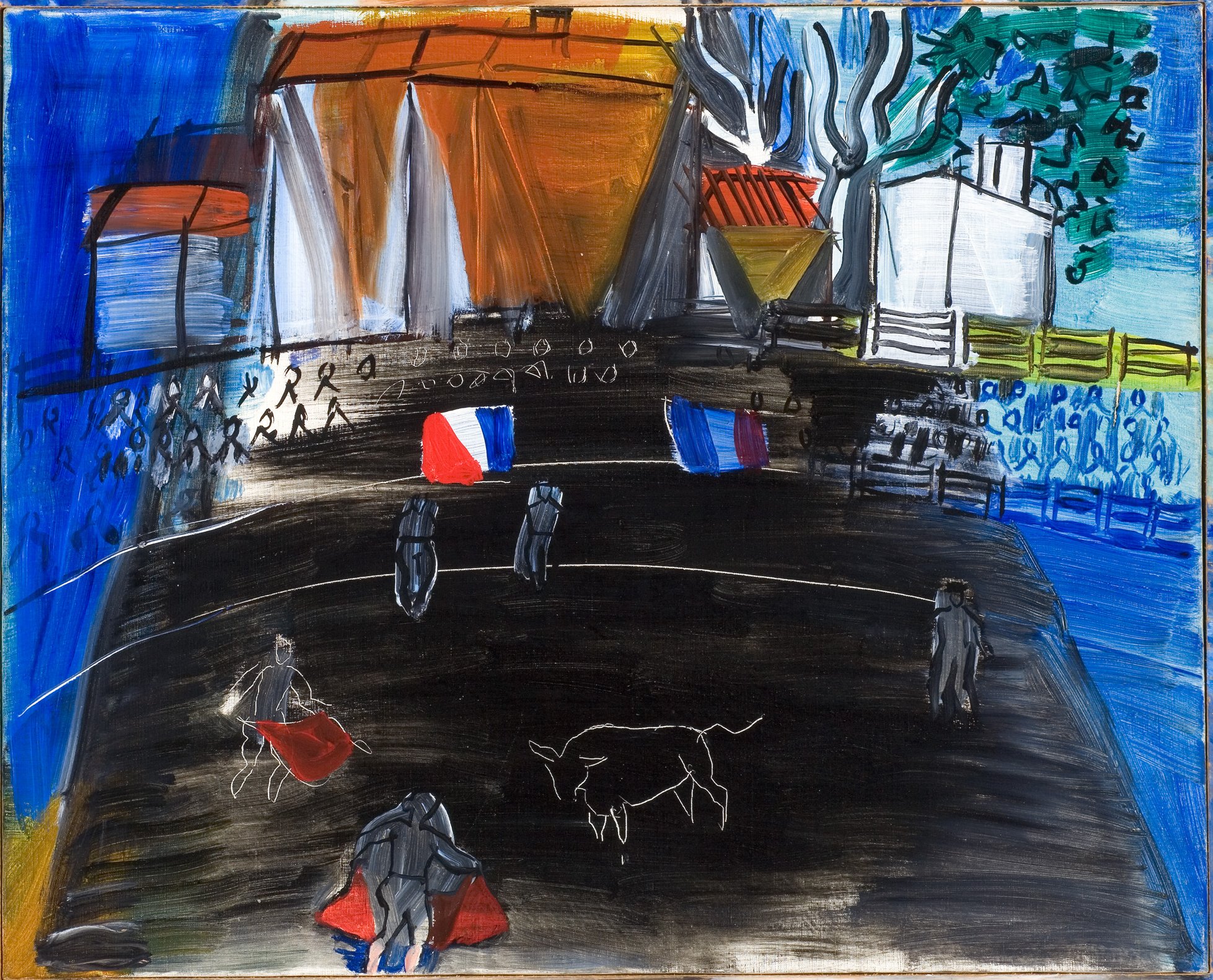 L'image représente une scène de corrida, avec une arène entourée de spectateurs. Au centre, on peut voir un taureau et des toreros, identifiable par leurs capes, qui sont en train de manœuvrer autour de l'animal. Les couleurs sont vives, avec des teintes de bleu, noir et des touches de rouge, ce qui donne une atmosphère dynamique à la scène. En arrière-plan, on aperçoit des bâtiments et des arbres, ajoutant à l'environnement général de la corrida.