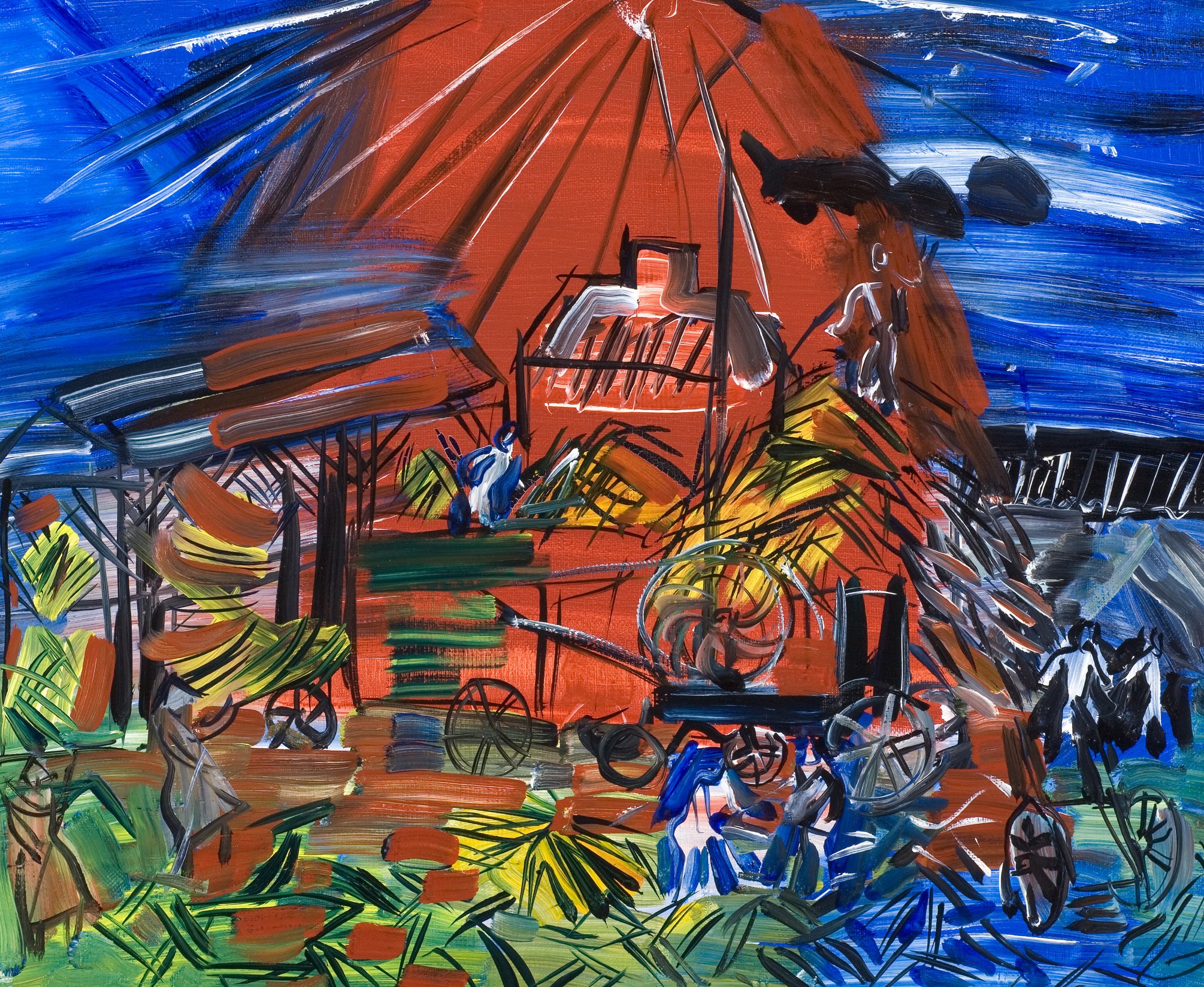 L'image représente une scène de vie animée avec des couleurs vives et des coups de pinceau expressifs. On peut voir des personnages travaillant dans un paysage rural, entourés de chariots et de divers éléments agricoles. L'arrière-plan est dominé par des teintes de rouge et de bleu, créant une atmosphère dynamique et énergique. Les formes et les figures semblent être stylisées, ajoutant une touche artistique à la représentation.