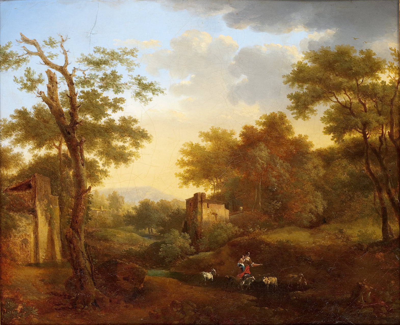 L'image représente un paysage pastoral. On y voit des arbres majestueux, un ciel nuageux teinté de lumière douce, et un ruisseau serpentant à travers le terrain. Au premier plan, un homme en costume traditionnel guide un groupe de vaches. En arrière-plan, des bâtiments en ruine, probablement d'anciennes fermes, ajoutent une touche historique à la scène. L'atmosphère est calme et bucolique, évoquant la sérénité de la nature.