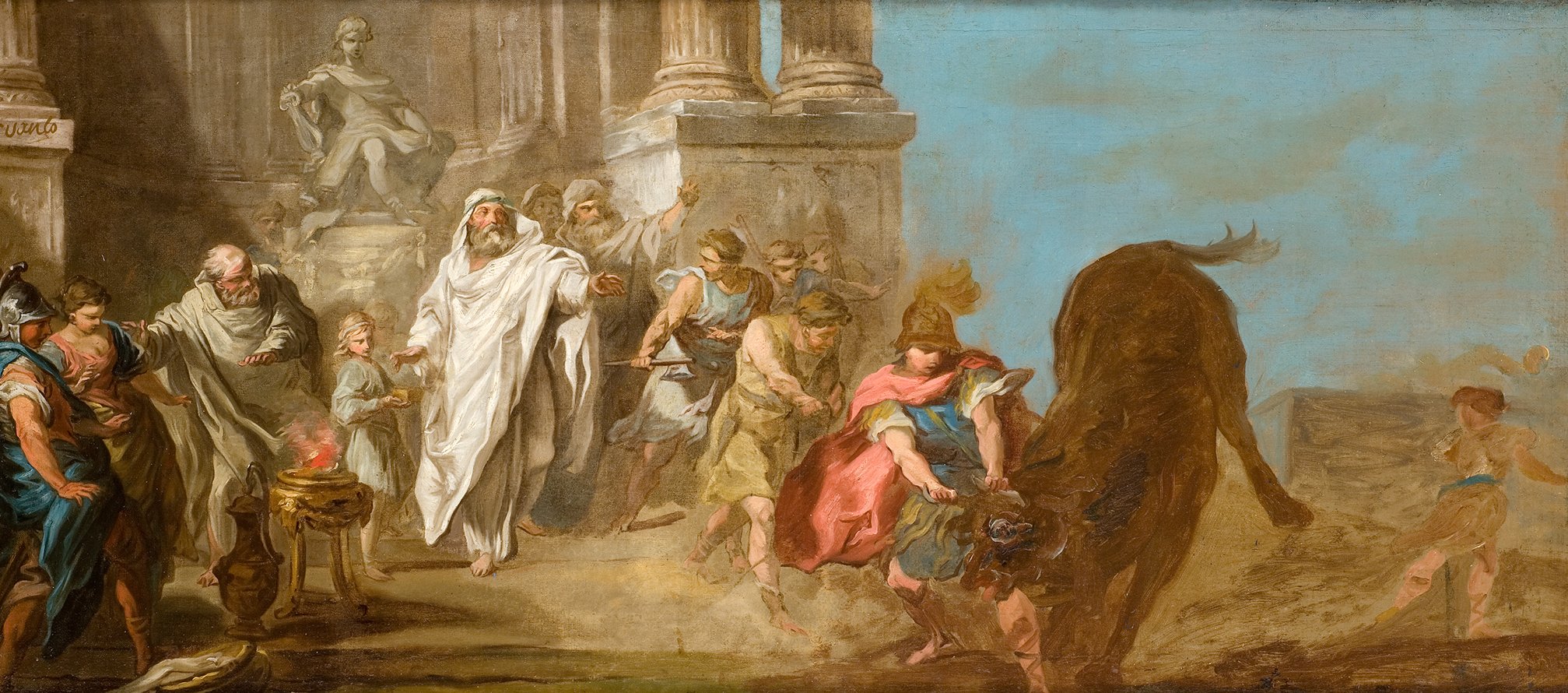 L'image représente une scène historique ou mythologique animée. Au premier plan, plusieurs personnages aux vêtements traditionnels interagissent autour d'un grand taureau. Un homme, probablement une figure centrale, est vêtu de blanc et semble diriger la scène, tandis que d'autres personnages s'affairent autour de lui. L'architecture en arrière-plan, avec des colonnes imposantes, suggère un environnement classique. L'atmosphère de l'œuvre évoque un moment dramatique ou solennel, avec une palette de couleurs chaleureuses et des mouvements dynamiques des personnages.