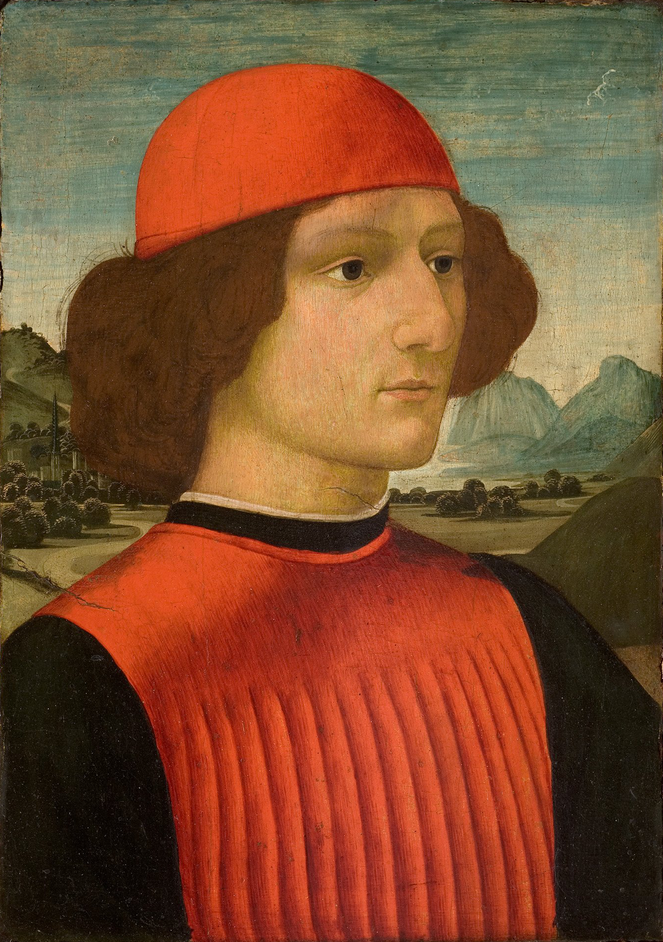 Cette image représente un portrait d'un jeune homme. Il a des cheveux mi-longs, bruns et bouclés. Il porte un bonnet rouge et une tunique noire avec des plis. L'arrière-plan montre un paysage, avec des collines et des montagnes, sous un ciel bleu. Le style de la peinture évoque la Renaissance, mettant en avant des détails précis et une attention particulière à l'expression du visage du sujet.