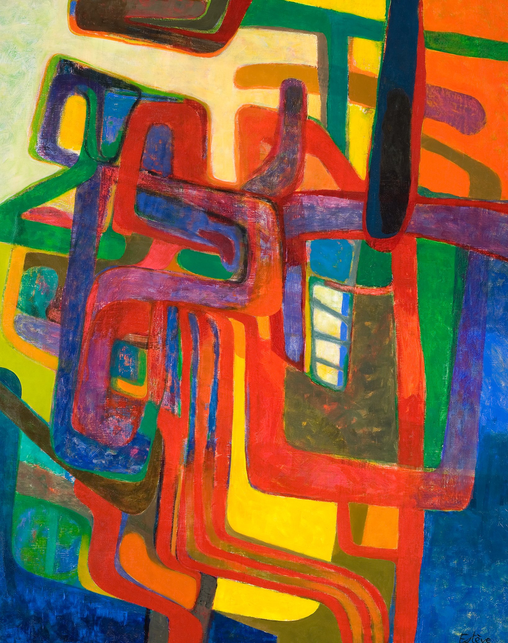 L'image représente une œuvre abstraite pleine de couleurs vives et de formes dynamiques. On peut y voir des lignes sinueuses et des courbes entrelacées qui créent une composition énergique. Les teintes de rouge, bleu, jaune et vert se côtoient, offrant un contraste saisissant et une sensation de mouvement. L'ensemble évoque une atmosphère de créativité et d'expression artistique.