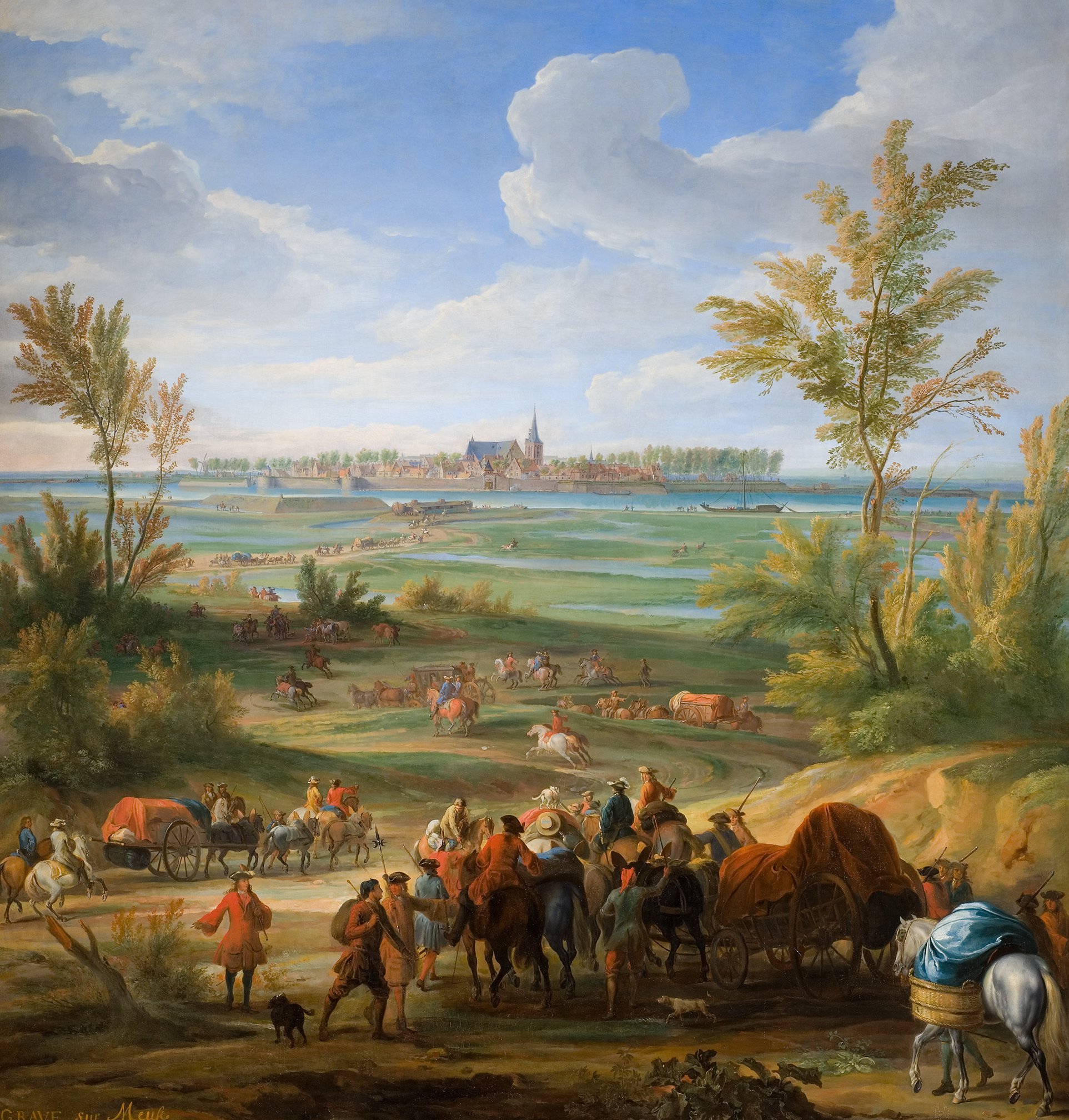 L'image représente un paysage pastoral animé. On y voit des voyageurs, des charrettes et des cavaliers qui se déplacent le long d'un chemin, entourés de verdure et d'arbres. Au loin, on aperçoit un village avec des bâtiments, probablement une église, bordés par des champs ou des rivières. Le ciel est d'un bleu éclatant, parsemé de nuages blancs. Cette scène évoque une vie rurale active, avec des éléments naturels qui ajoutent à la beauté du tableau.