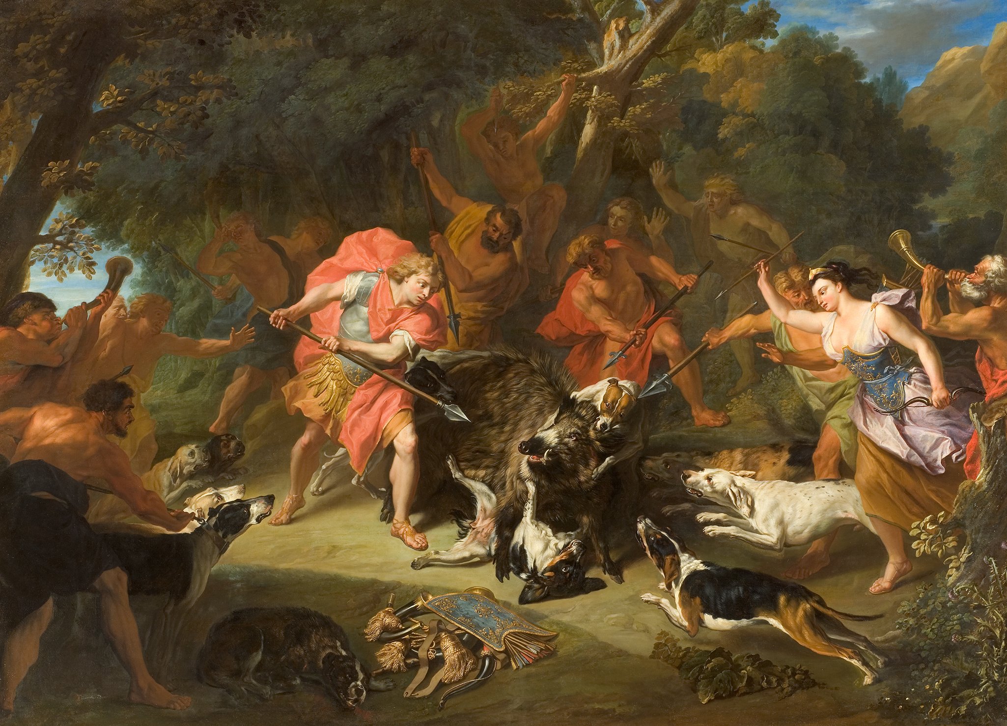 Cette image représente une scène de chasse dynamique et chargée d'énergie. Au premier plan, un personnage armé de deux lances attaque un taureau, tandis qu'une femme, probablement une déesse ou une figure mythologique, semble encourager l'attaque. En arrière-plan, d'autres chasseurs et des chiens participent à la poursuite, ajoutant au mouvement et à la tension de la scène. La lumière et les couleurs sont vives, créant un contraste entre la nature sauvage et l'action humaine. Les arbres et le ciel peint avec des nuages contribuent à l'atmosphère dramatique de l'œuvre.