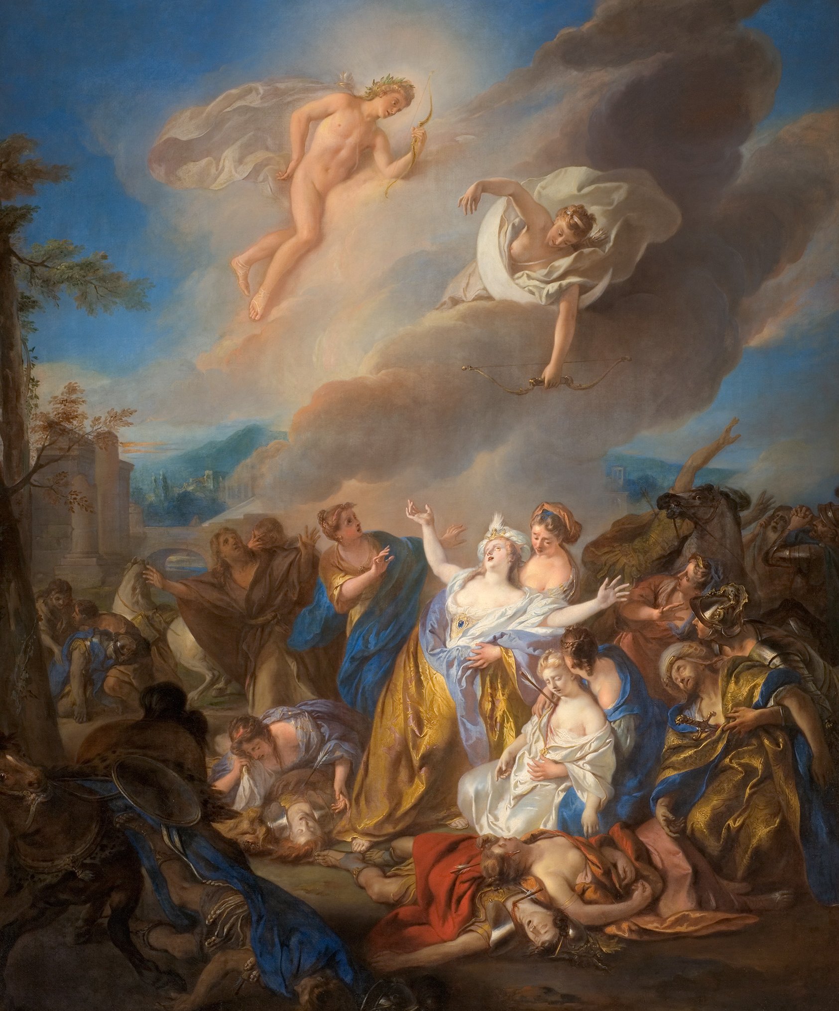 Cette peinture représente une scène dramatique avec des personnages mythologiques. Au centre, une figure centrale voilée, entourée de femmes, semble exprimer des émotions intenses. En haut, une autre figure, probablement un dieu ou une déesse, émerge des nuages. Le fond montre un paysage avec des montagnes et des arbres, ajoutant de la profondeur à la composition. Les couleurs sont vives, avec des drapés riches qui évoquent un sens de mouvement et de passion, typiques des œuvres du baroque. L'atmosphère générale mélange la tragédie et la beauté, emblématique de la mythologie.