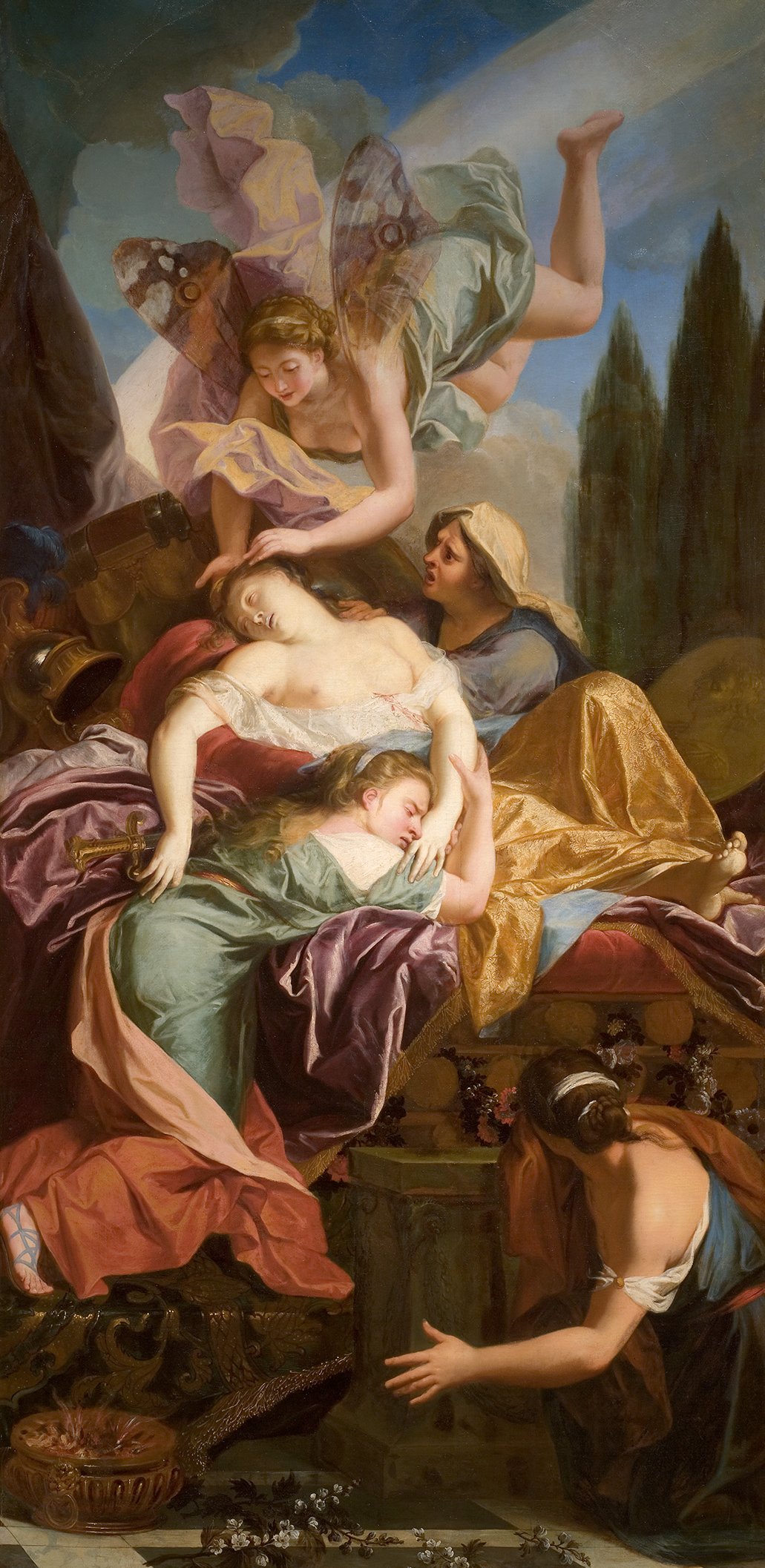 L'image représente une scène mythologique ou allégorique. On y voit plusieurs figures féminines gracieuses, habillées de riches tissus colorés. Au centre, une femme semble s'évanouir ou être dans un moment de paix. Elle est entourée par d'autres femmes qui l'assistent ou l'entourent, exprimant des émotions variées. En haut, un ange ou une figure ailée survole la scène, ajoutant une dimension céleste. L'arrière-plan montre des arbres et un ciel bleu, ce qui crée une atmosphère apaisante. Les drapés et les couleurs vives évoquent une composition dynamique et élégante. L'ensemble transmet une impression de douceur et de beauté.