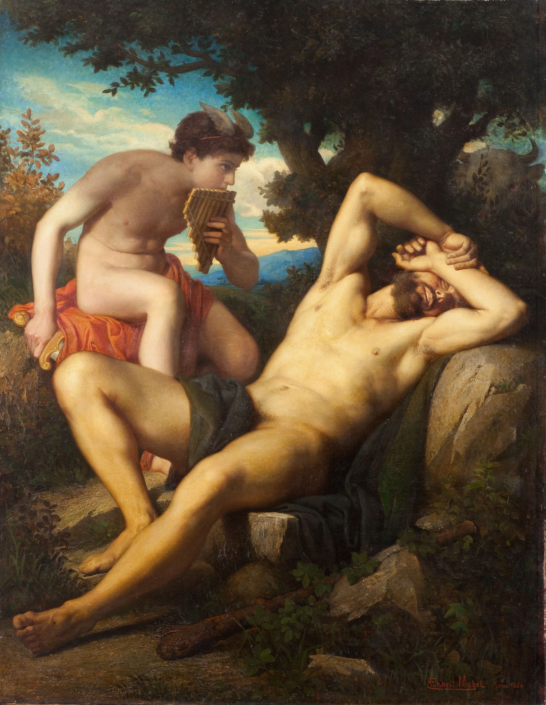 L'image représente une scène mythologique dans un paysage naturel. À gauche, un jeune homme nu joue de la flûte de Pan, tandis qu'à droite, un homme plus âgé, également nu, est allongé sur une roche. Celui-ci semble fatigué ou abattu, se couvrant le visage avec un bras. Le fond est composé d'arbres et d'une mer, créant une atmosphère sereine. La lumière douce met en valeur les détails des corps et de la nature environnante.