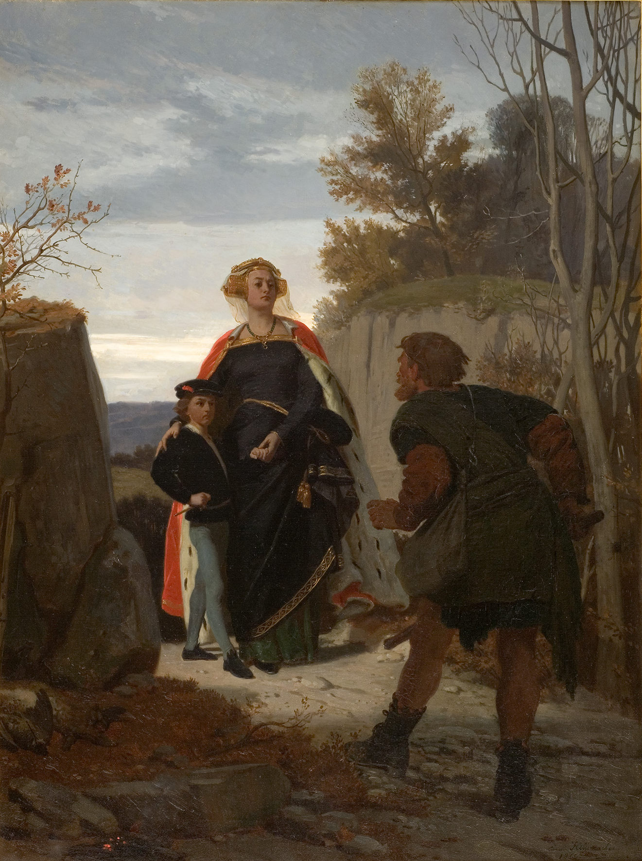 L'image représente une scène romantique d'époque où une femme élégamment vêtue se tient au centre. Elle porte une robe noire ornée et une cape rouge, avec une couronne dans les cheveux. À ses côtés, un jeune garçon lève la main et la regarde, tandis qu'un homme, en posture légèrement inquiétante, semble s'approcher d'eux. Le paysage environnant est naturel, avec des arbres nuancés d'automne et une lumière douce qui illumine la scène, créant une ambiance dramatique.