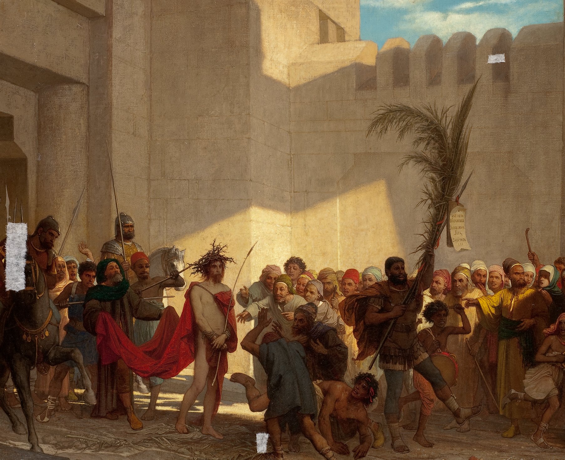 Cette image représente une scène historique ou biblique, où un groupe de personnes se rassemble autour d'une figure centrale. Cette figure, souvent associée à des moments de souffrance ou de jugement, est entourée d'une foule variée, qui semble réagir avec émotion. Les personnages portent des vêtements de différentes époques, et il y a des éléments comme des armes et des accessoires symboliques, suggérant un contexte de conflit ou de célébration. La lumière joue un rôle important, mettant en avant certains détails et créant une atmosphère dramatique. Les bâtiments en arrière-plan ajoutent à l'authenticité de la scène, évoquant une époque ancienne et un lieu particulier.