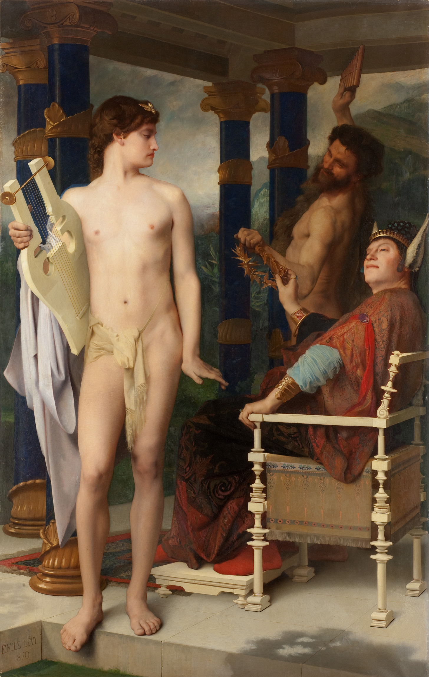 L'image représente une scène artistique inspirée de la mythologie ou de l'histoire. On y voit un jeune homme nu, tenant une lyre, qui semble regarder vers la droite, exprimant une certaine innocence ou curiosité. À droite, une figure majestueuse est assise sur un trône, portant une couronne et un vêtement riche, suggérant une position d'autorité. Elle observe le jeune homme avec intérêt. Derrière elle, un personnage barbu, vraisemblablement un dieu ou un sage, lui fait face tout en jouant de la flûte, ajoutant une ambiance musicale à la composition. L'ensemble est enveloppé d'une atmosphère classique, avec des colonnes et un paysage verdoyant en arrière-plan. Les couleurs sont délicates et les détails sont finement travaillés.