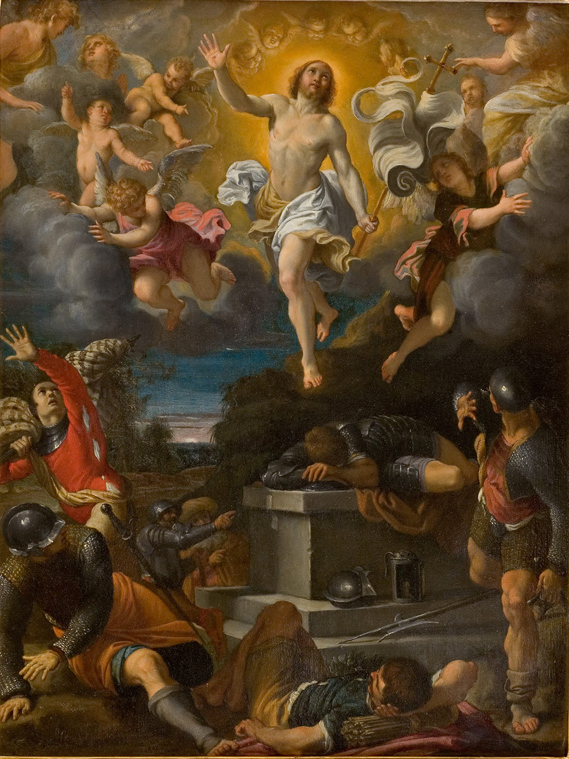 L'image représente une scène religieuse symbolisant la résurrection de Jésus-Christ. Au centre, Jésus est montré en train de s'élever vers le ciel, entouré d'une lumière éclatante. Des anges flottent autour de lui, témoignant de cet événement sacré. Dans la partie inférieure, on voit un groupe de soldats, certains tombés à terre, visiblement choqués ou évanouis par la puissance de la résurrection. Le fond est sombre, contrastant avec la luminosité divine qui émane de Jésus. Cette œuvre évoque des thèmes de miracle et de transcendance, capturant un moment d'intense émotion spirituelle.