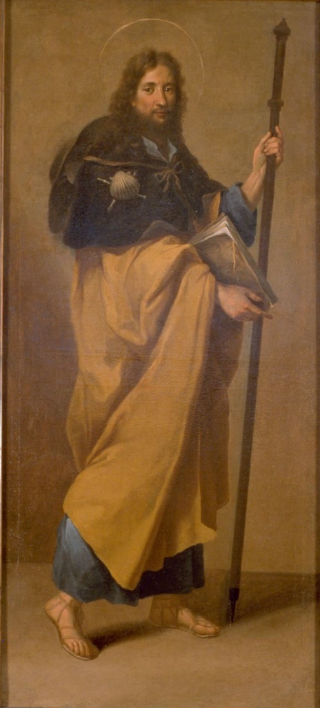 Cette image représente une peinture d'un homme portant une longue robe aux teintes dorées et une tunique bleue. Il tient un livre d'une main et un bâton de l'autre. L'homme a une barbe et des cheveux longs, et il est souvent décrit avec une auréole, indiquant sa sainteté. Son expression est à la fois douce et pensive, et le fond est sobre et uni, mettant en valeur la figure centrale. L'ensemble dégage une impression de sérénité et de noblesse.