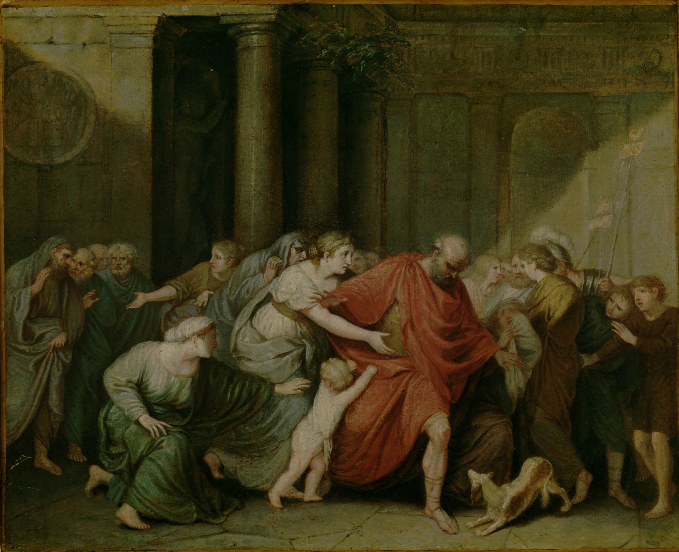 L'image représente une scène dynamique, où plusieurs personnages sont rassemblés autour d'un homme central vêtu d'une robe rouge. Ce dernier semble faire face à une multitude de personnes, certaines exprimant des émotions intenses, comme la peur ou la supplication. Les figures, habillées de drapés aux couleurs variées, sont disposées de manière à créer un mouvement vers l'avant, tandis qu'un enfant et un animal sont également présents, ajoutant à la tension de la scène. L'environnement, avec des colonnes et des détails architecturaux, suggère un cadre historique ou mythologique. L'éclairage dramatique accentue les expressions des personnages et l'atmosphère générale.