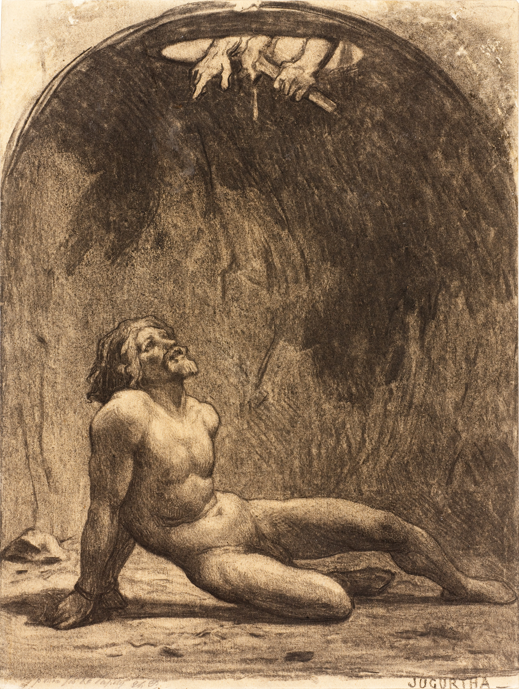 L'image représente un homme nu, assis au sol avec une expression pensive ou résignée sur le visage. Ses bras sont liés, suggérant une certaine vulnérabilité ou captivité. Au-dessus de lui, une main, presque divine, semble descendre avec un objet, peut-être un outil ou une arme, ajoutant une dimension dramatique à la scène. L'arrière-plan est sombre, créant une atmosphère d'introspection et de tension. Le style de l'œuvre est riche en nuances de brun, ce qui accentue le contraste entre le personnage et l'environnement.