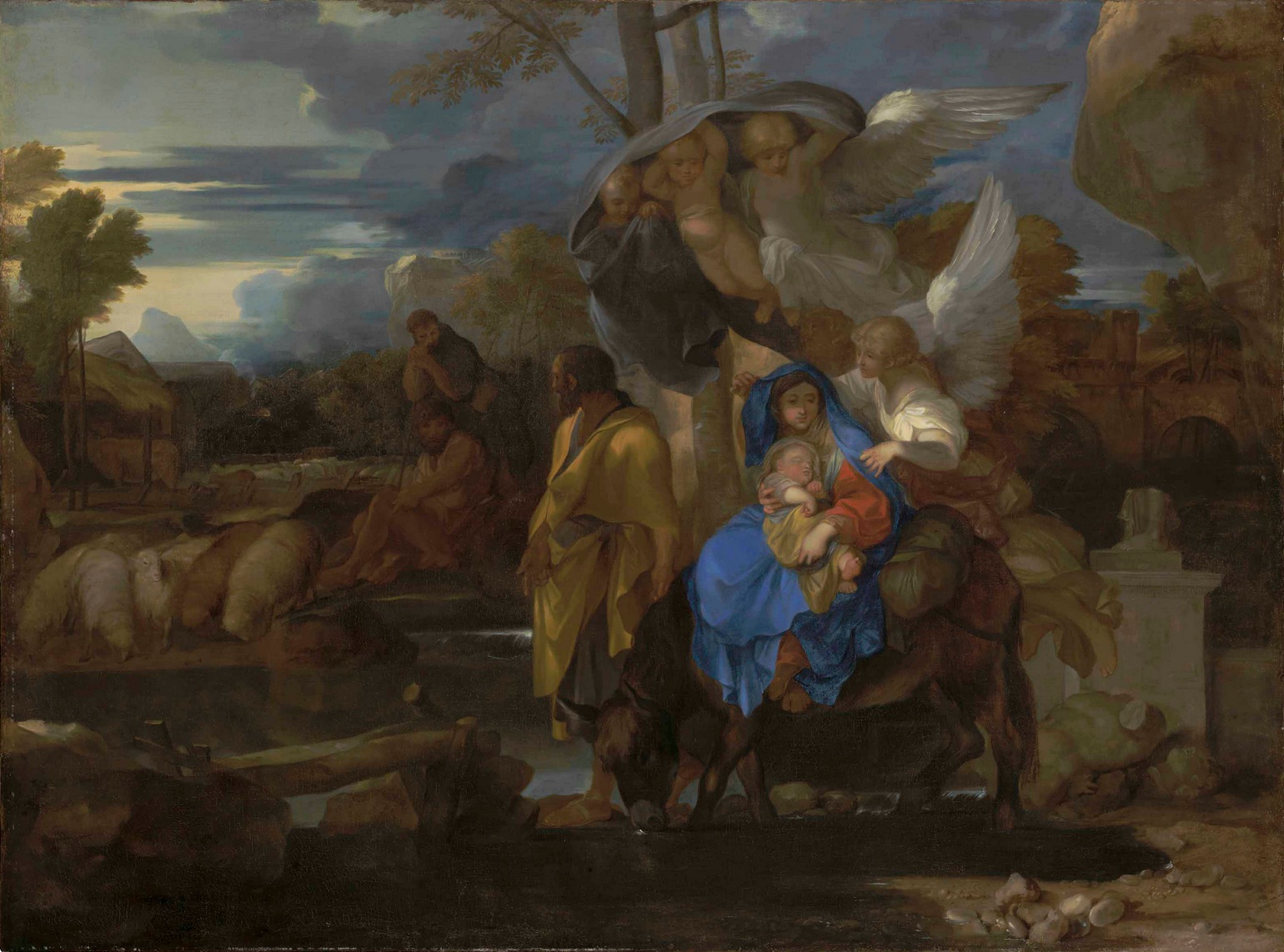 Cette image représente une scène biblique, probablement la fuite en Égypte. Au premier plan, on voit la Vierge Marie portant l'Enfant Jésus, accompagnée de Joseph. Ils sont sur un âne, tandis que des anges semblent les guider. En arrière-plan, on distingue des paysages vallonnés et des personnages, dont certains semblent s'occuper de moutons, évoquant une ambiance pastorale. Le ciel est nuageux avec des rayons de lumière, ajoutant une atmosphère dramatique à la composition. Les couleurs sont riches et les figures sont détaillées, mettant en valeur l'émotion de la scène.