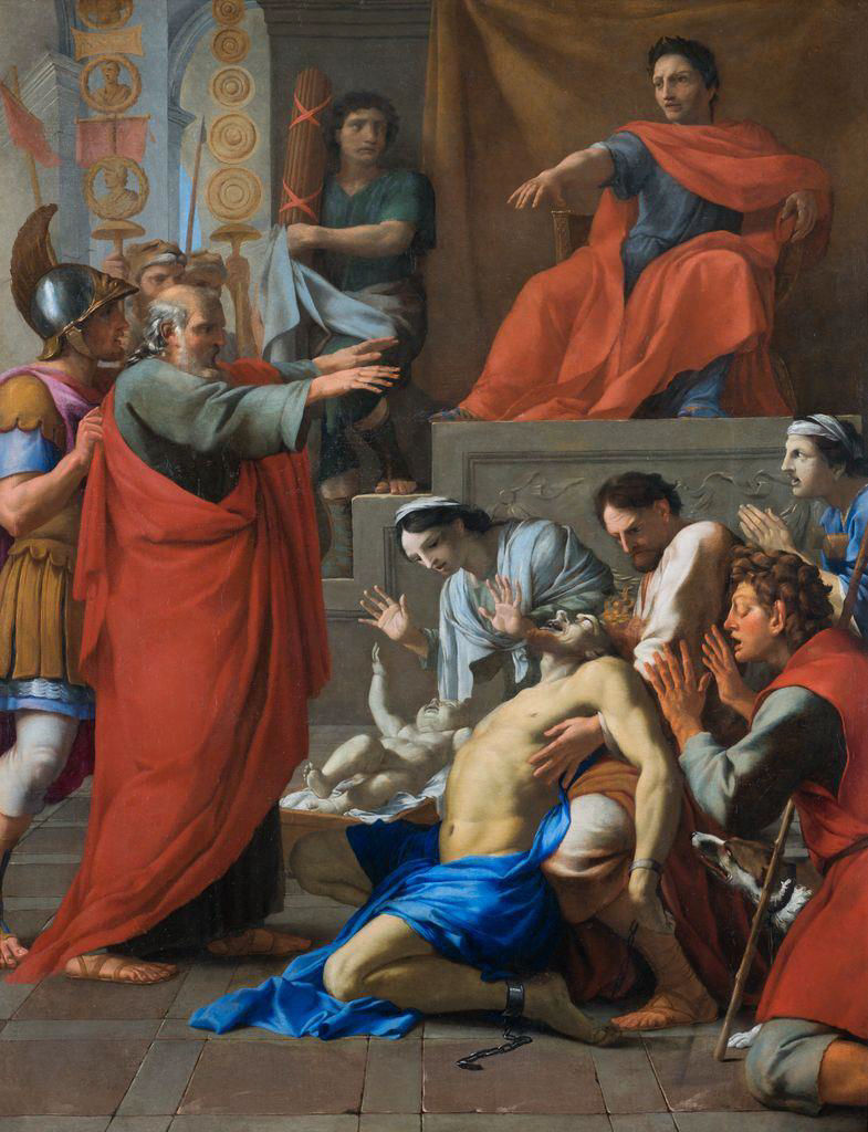 L'image représente une scène historique ou dramatique se déroulant dans un cadre majestueux. Au premier plan, un homme en manteau rouge se tient debout, levant les bras et s'adressant à un groupe de personnes. Parmi eux, on peut voir un homme au sol, apparemment dans un état de détresse, avec un drapé bleu qui couvre son corps. Derrière, un groupe d'individus observe, certains montrant des expressions d'inquiétude ou de désespoir. À l'arrière-plan, on aperçoit une figure à la robe rouge assise sur un trône, observant la scène. Des éléments architecturaux et des décorations évoquent un contexte ancien, probablement lié à des thèmes de justice ou de tragédie.