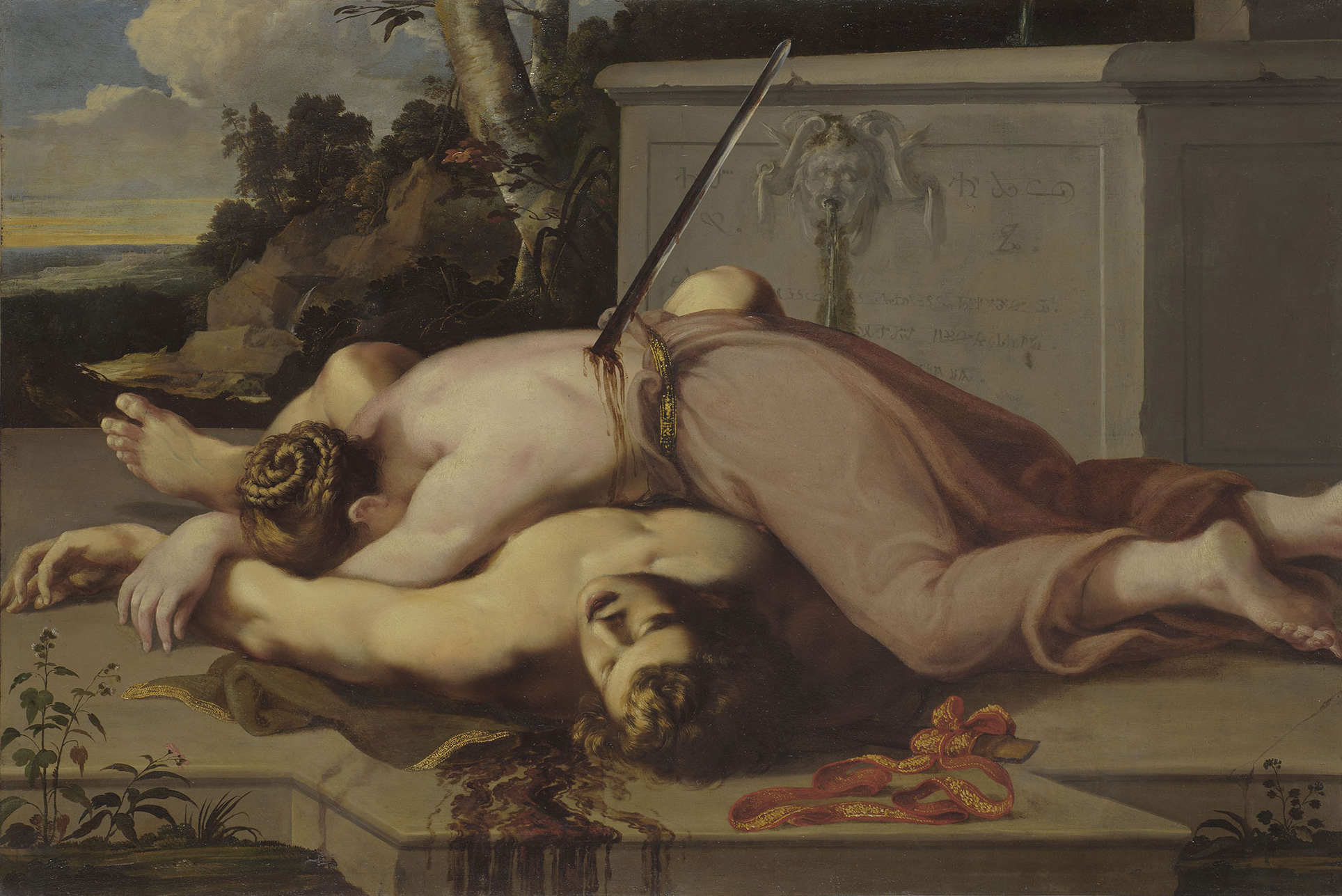 L'image représente une scène dramatique avec deux figures humaines dans une composition poignante. L'un des personnages est étendu sur le sol, blessé, tandis que l'autre semble être en détresse, accentuant l'émotion de la scène. Le décor est riche, avec des éléments naturels et une architecture en arrière-plan. Les couleurs sont intenses, ajoutant à la gravité du moment, et la lumière joue sur les corps, soulignant les détails de la chair et des drapés. Un symbole de violence, comme une arme, est visible, renforçant le ton tragique de l'œuvre.