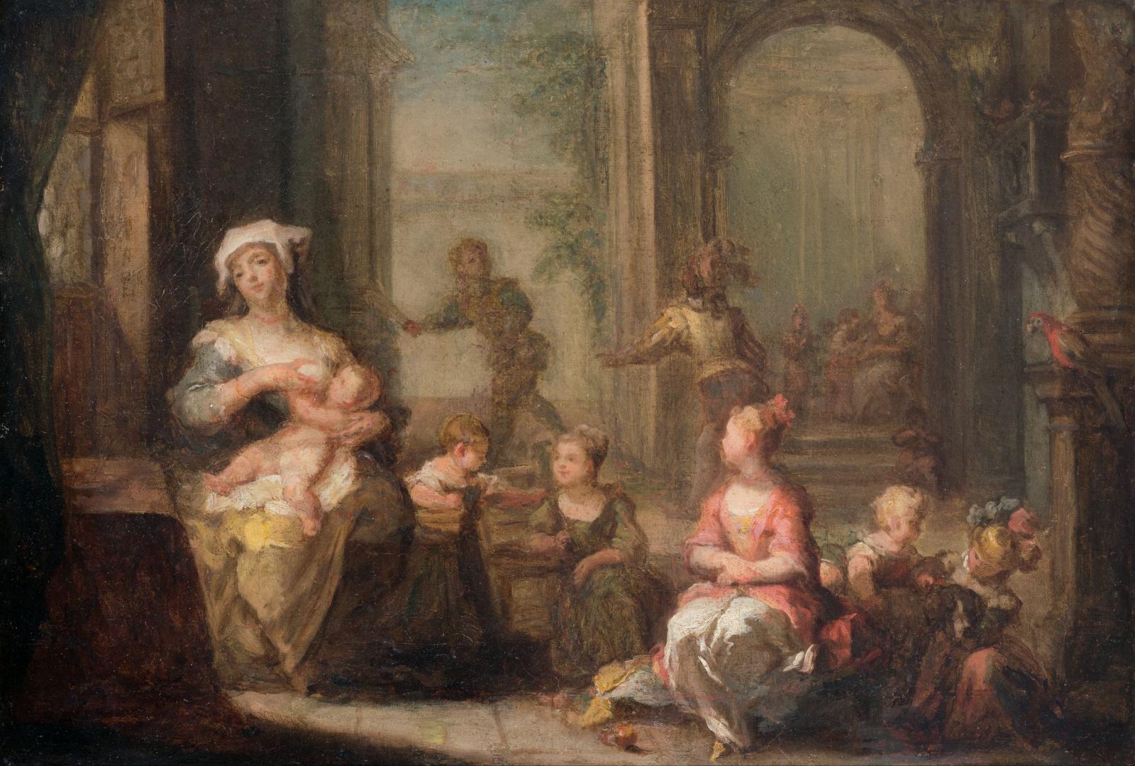 L'image représente une scène de genre d'époque, illustrant des figures féminines et des enfants dans un intérieur richement décoré. À gauche, une femme tenant un bébé est assise, tandis que plusieurs autres enfants et femmes sont présents, engagés dans diverses activités. En arrière-plan, on peut apercevoir des personnages supplémentaires, ajoutant une dimension narrative à l'ensemble. L'atmosphère est chaleureuse et conviviale, avec des couleurs douces et une lumière diffuse qui met en valeur les vêtements et les expressions des figures.